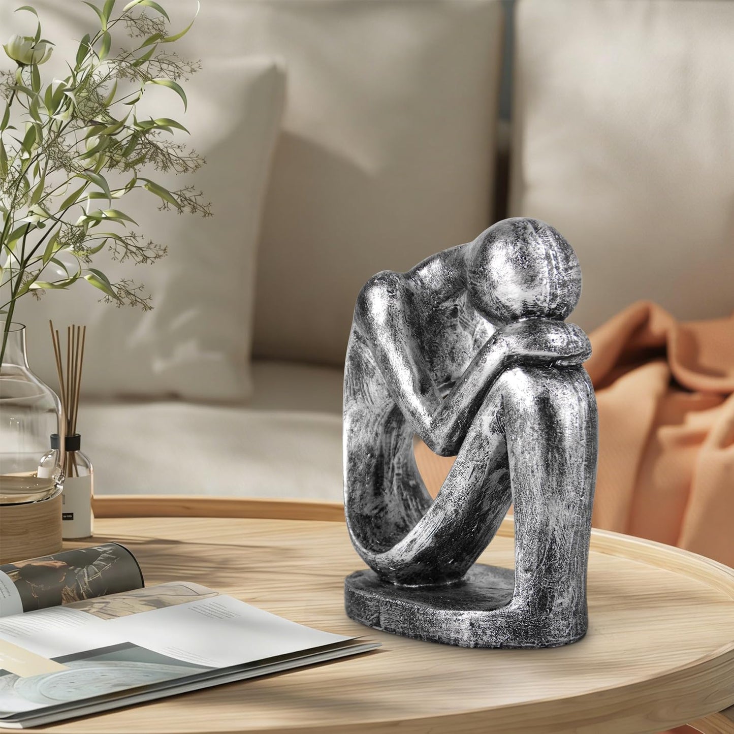 Modern Figurine / Resin Thinker Statue Abstract Art Sculpture / Vintage Silver