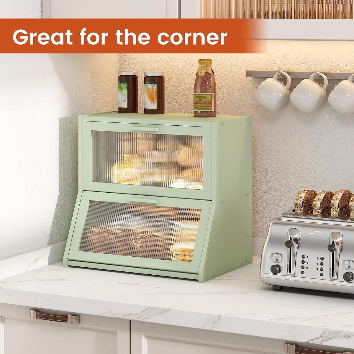 GHWIE Double Layer Bamboo Bread Box for Kitchen Counter,Large Capacity Bread Storage Bin,Bread Container with Acrylic