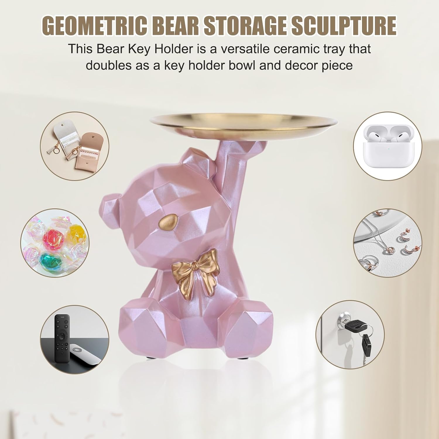 2025 New Geometric Bear Storage Tray Resin Lovely Nordic Bear Sculptures Keys / Shiny Style-pink