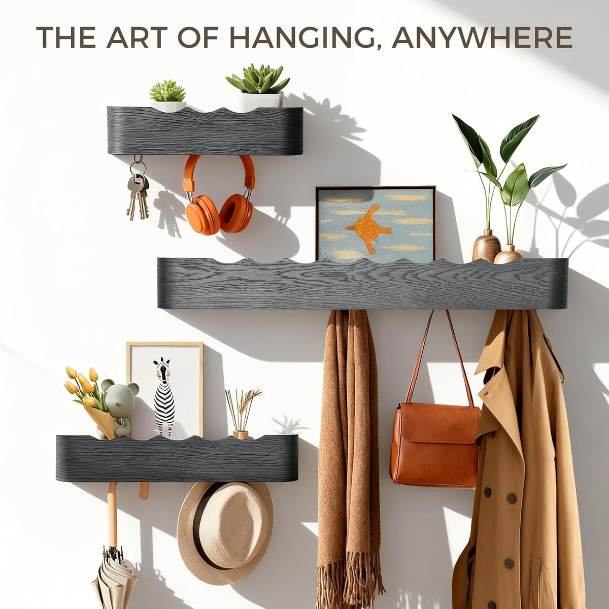 Coat Rack Wall Mount with Shelf Entryway Shelf Modern Key Holder Hanger Wall Shelves with Hidden Hooks for Hanging