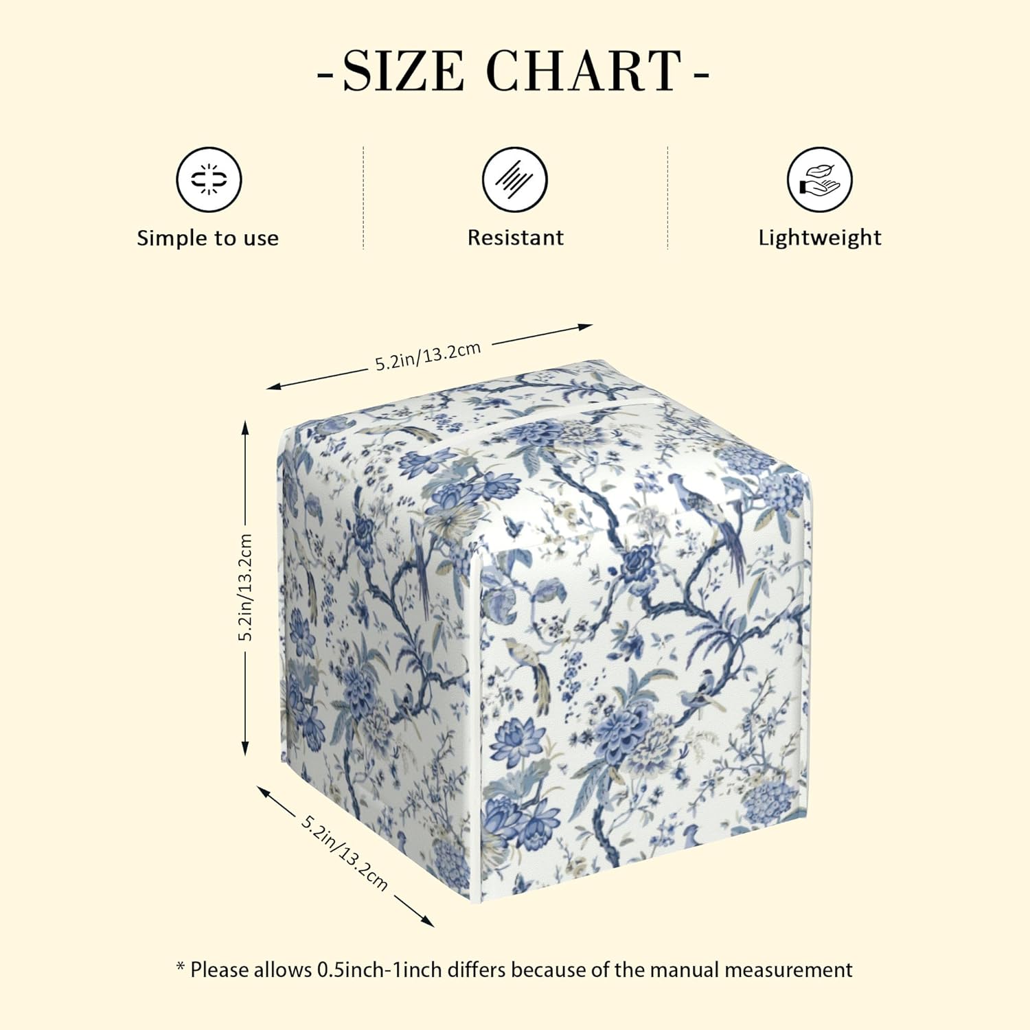 Tissue Box Cover Leather Tissue Box Holder Square Facial Paper Organizer / Blue Flower and Bird