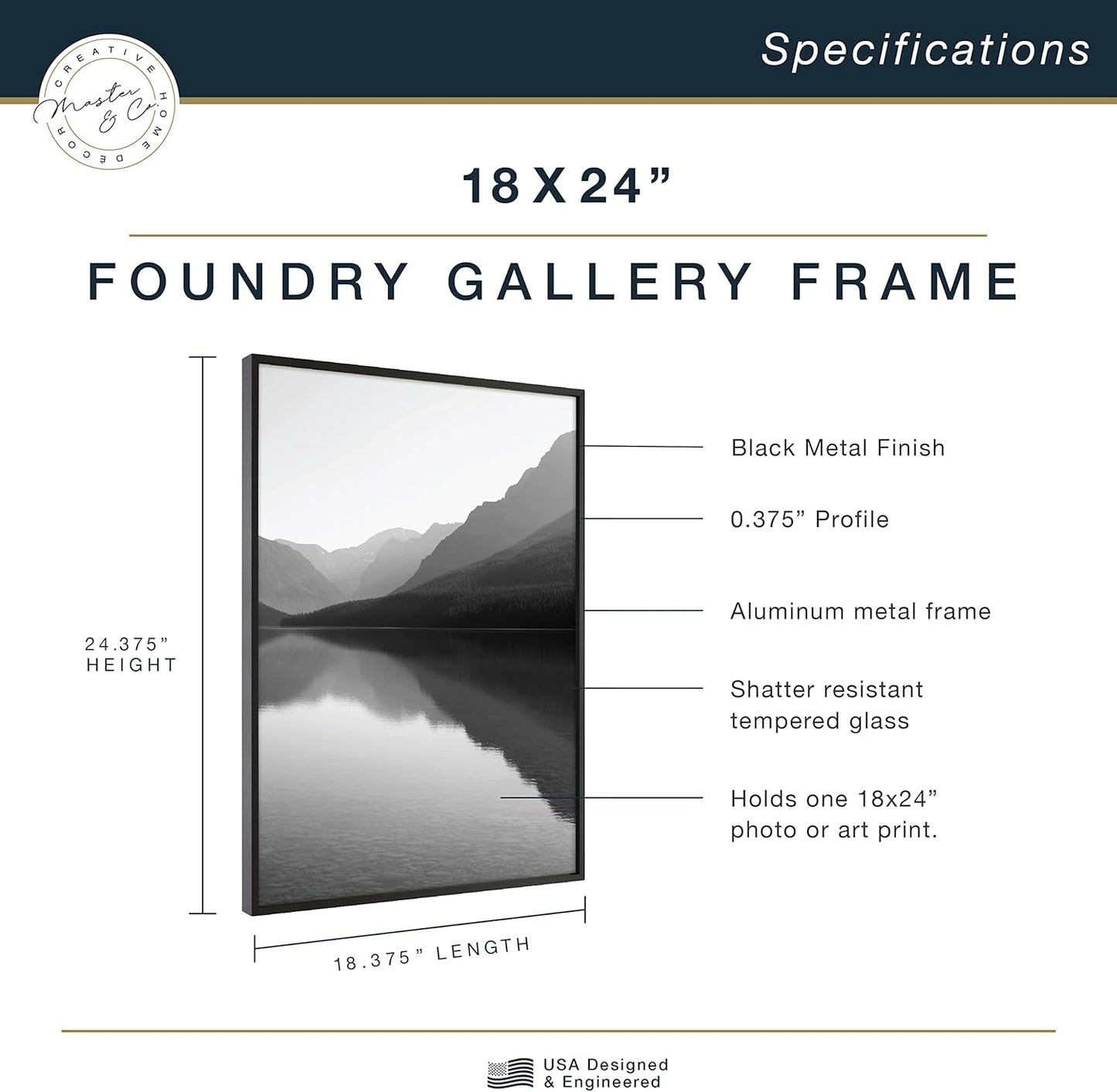 MCS Master & Co. Foundry Metal Poster Frame, 18x24, Black, 1-Pack | Foundry Metal Poster Frame For Photos & Art Prints