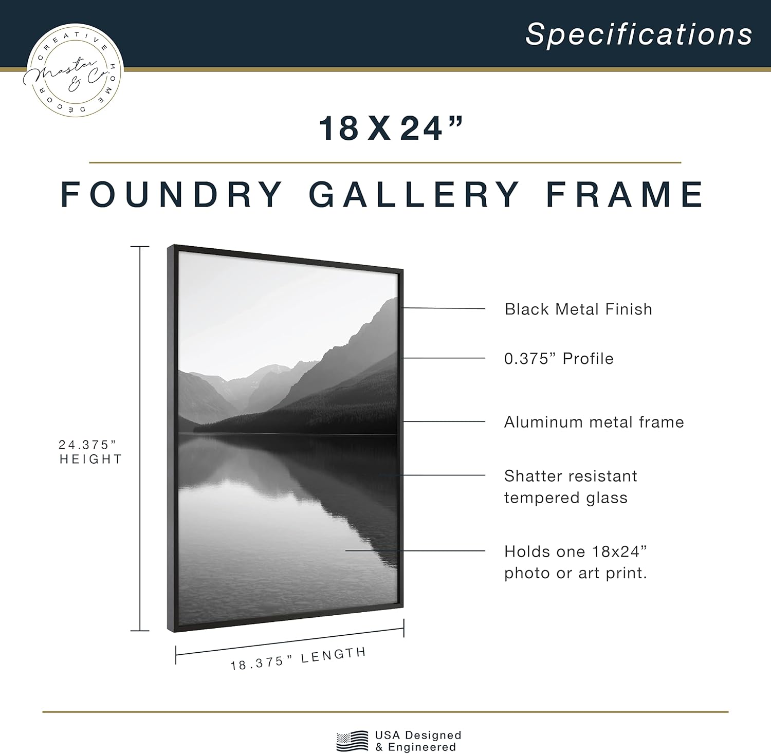 MCS Master & Co. Foundry Metal Poster Frame, 18x24, Black, 1-Pack | Foundry Metal Poster Frame For Photos & Art Prints