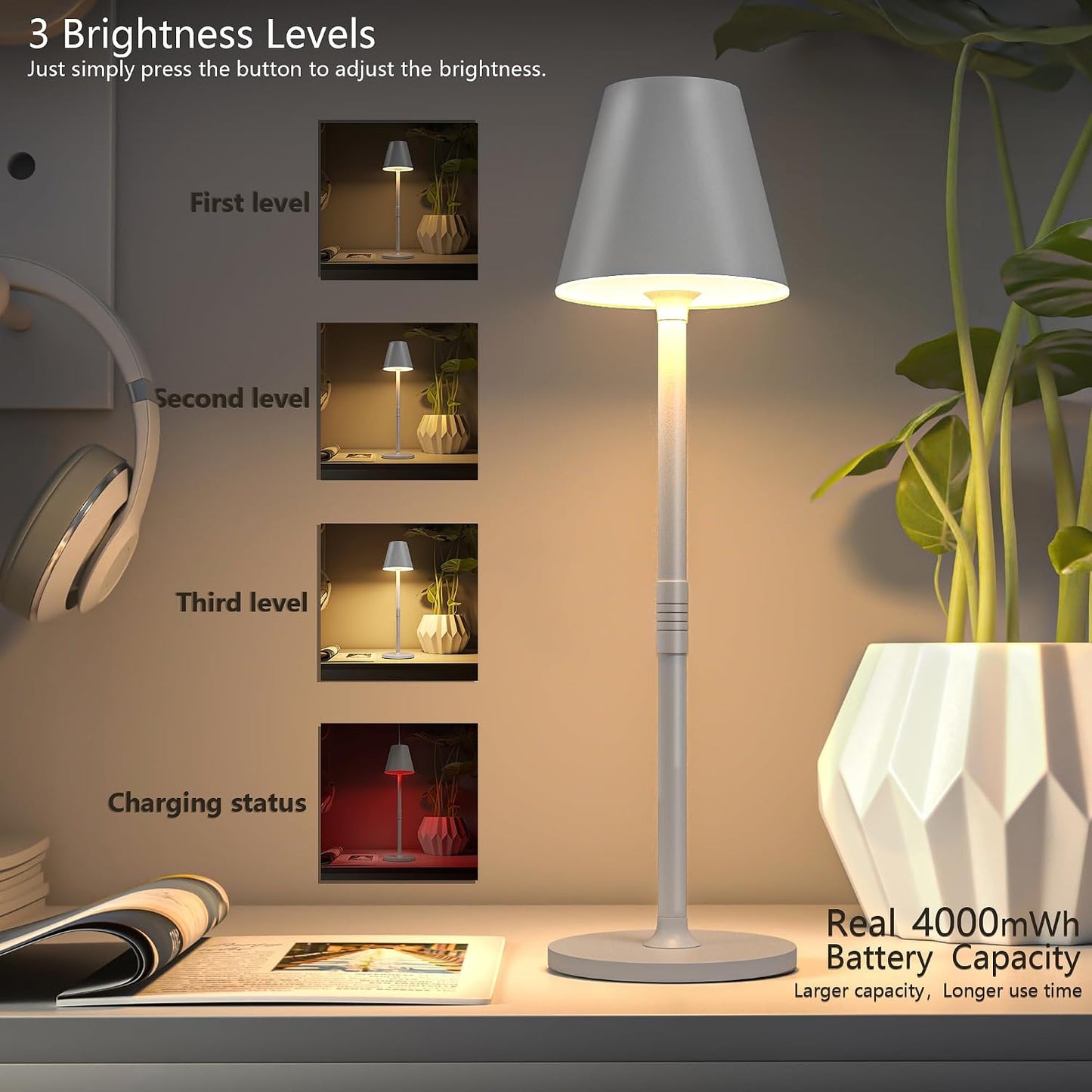Timjorman 4-Pack Cordless Table Lamps - 5000mAh Rechargeable Battery Operated Desk Lamp, 3-Level Dimmable LED Night