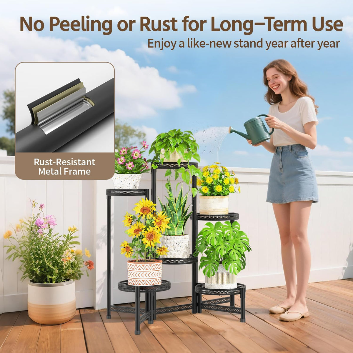 LASZOLA Plant Stand Indoor Outdoor Tall with 10 Inch Larger Tray, Black | 5 Tier Heavy Duty Metal Adjustable Multiple