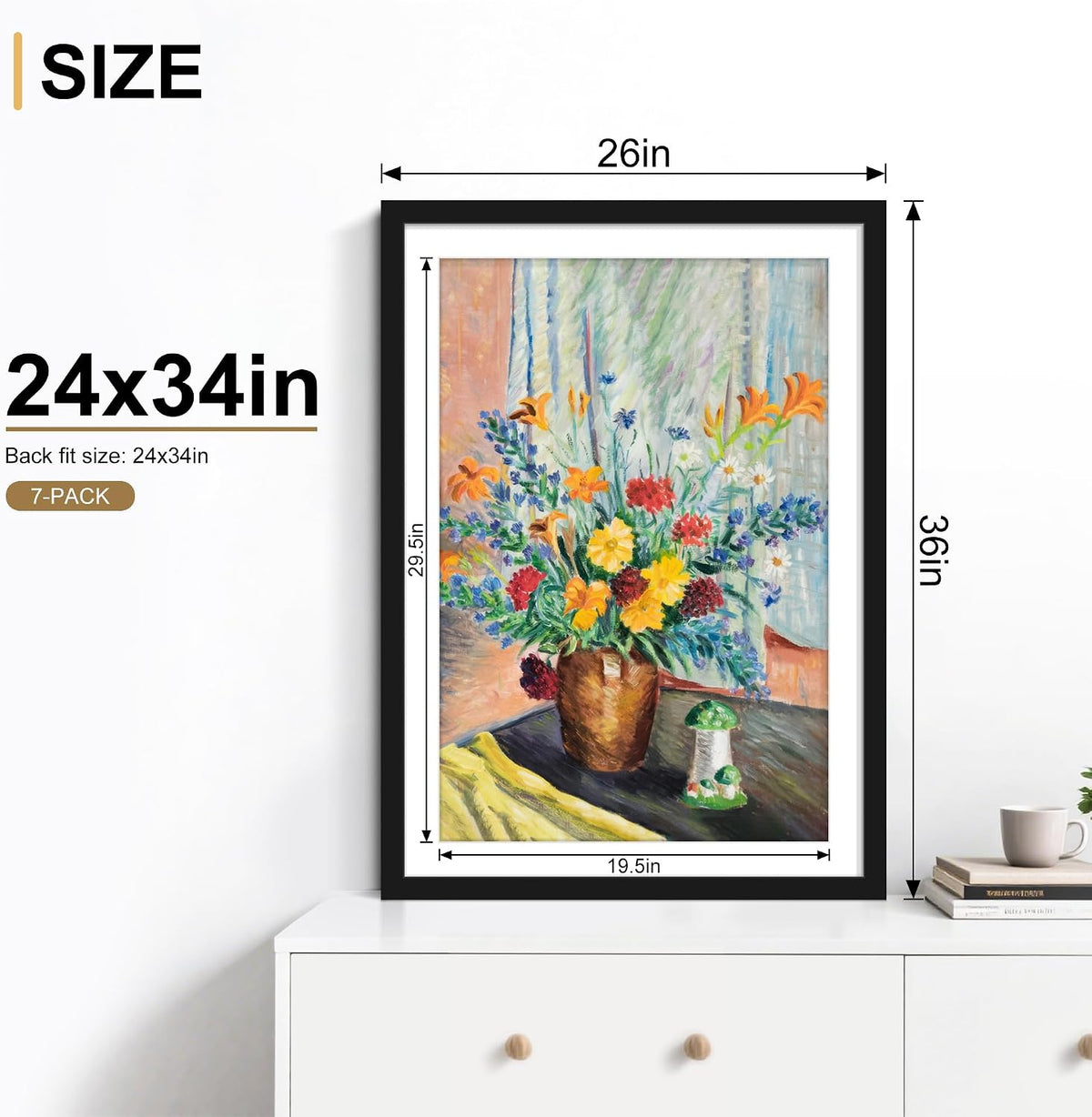 24x34 Picture Frame Set of 7, Black Poster Frames for Wall | Fits 20x30 Photos With Mat or 24x34 Posters Without Mat