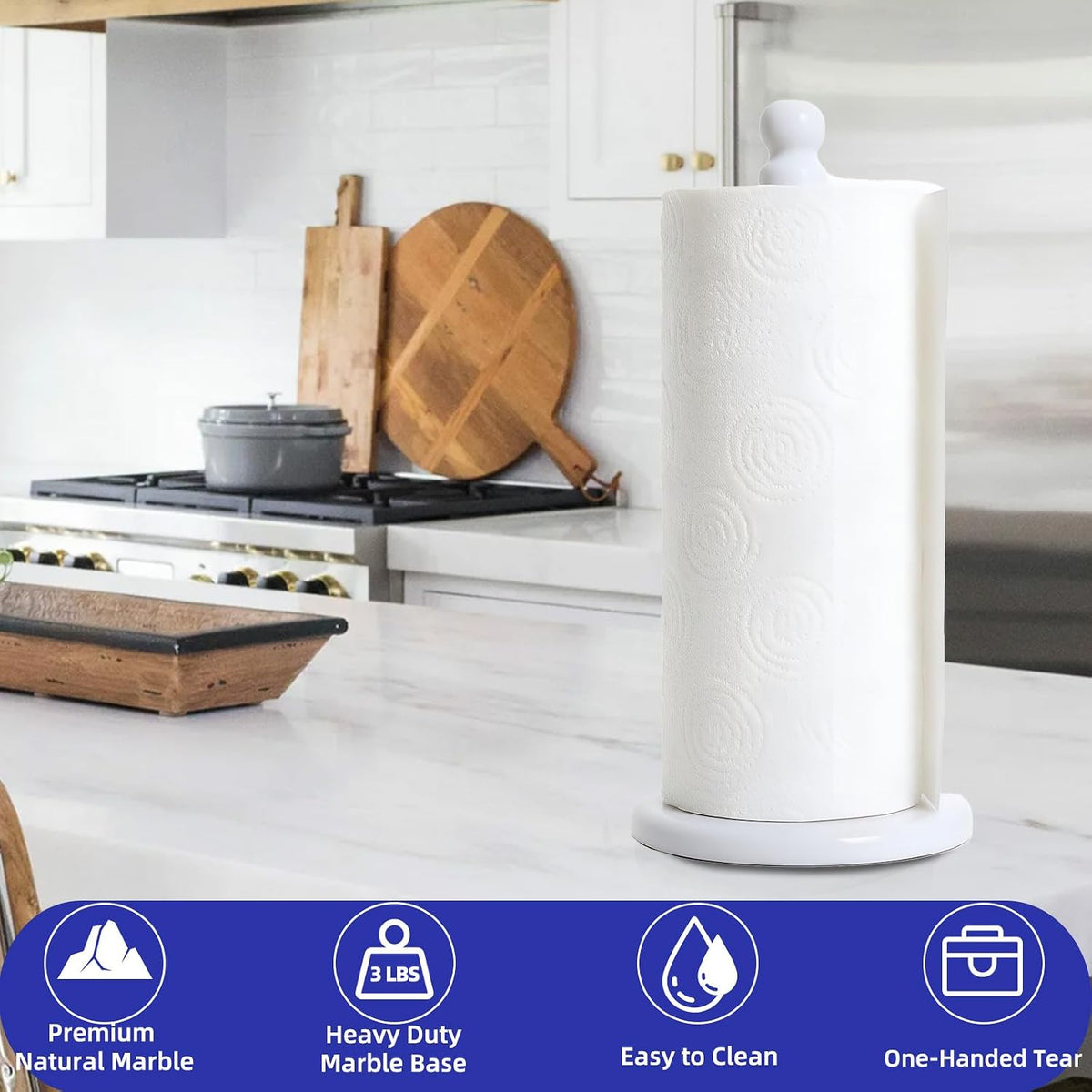 Premium White Marble Paper Towel Holder for Kitchen Countertop, Heavy Duty Freestanding Paper Towel Stand with 3 Lbs