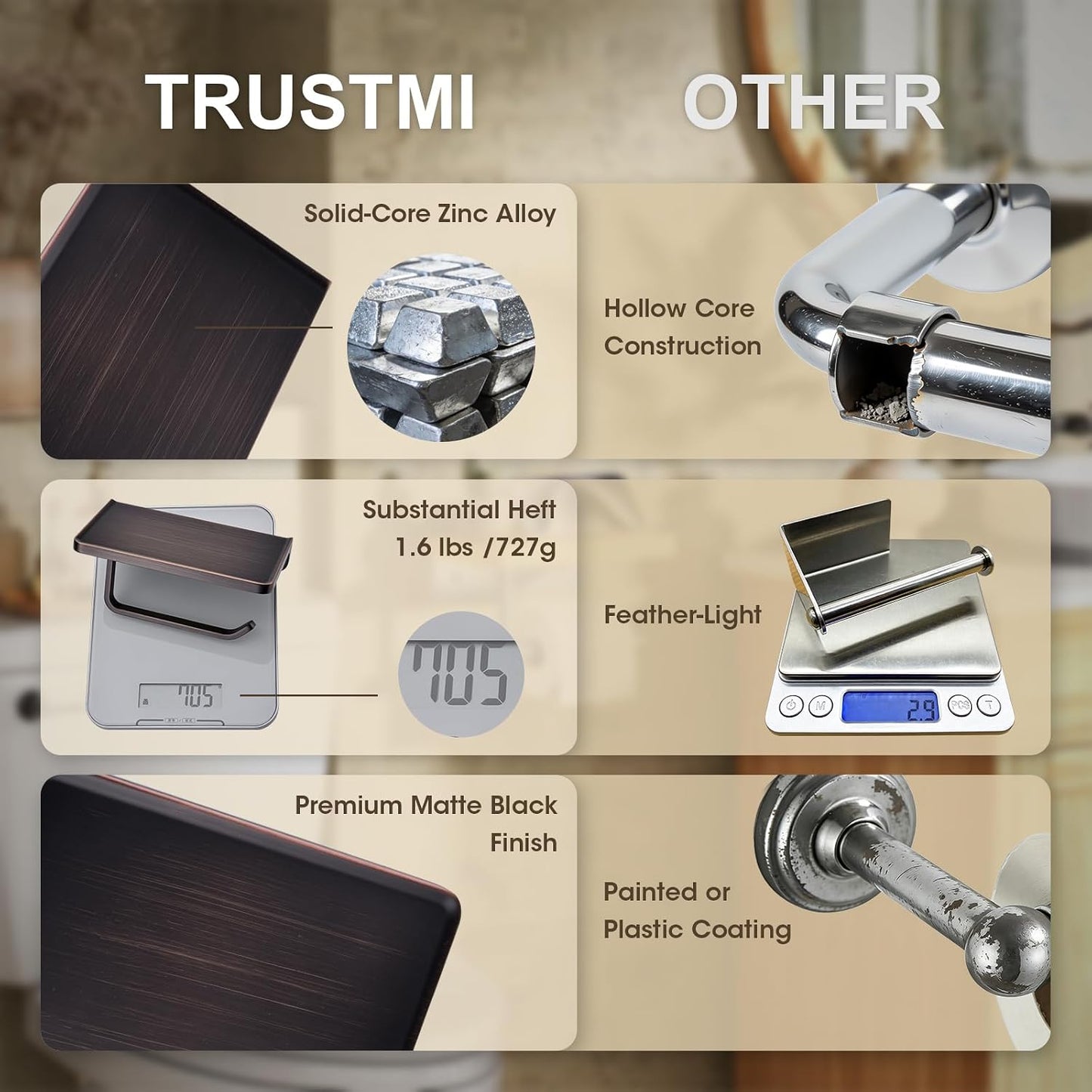TRUSTMI Toilet Paper Holder with Shelf & Phone Stand, Oil Rubbed Bronze | Solid zinc alloy holder holds 15 lbs and fits