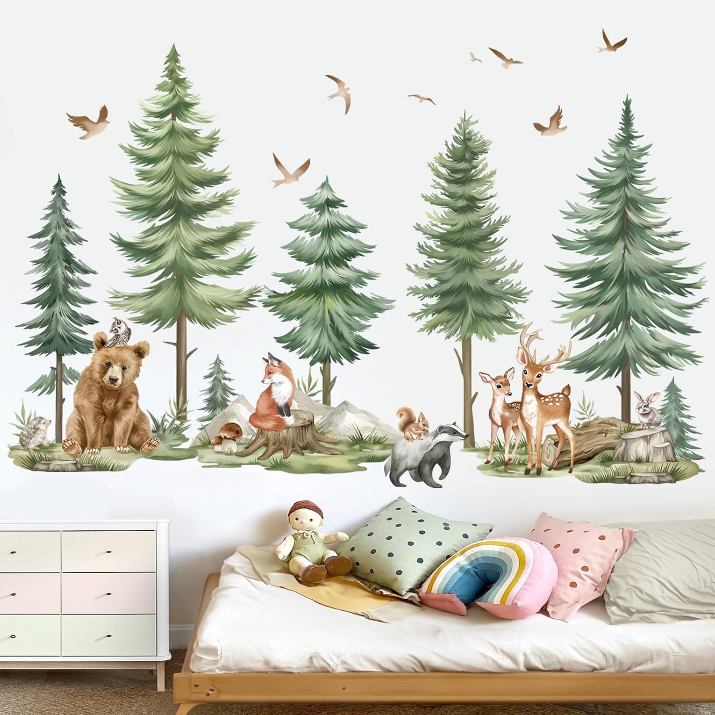 Mountain Tree Wall Stickers Large Pine Tree Forest Animals Bear Deer Peel and Stick Wall Art Decals