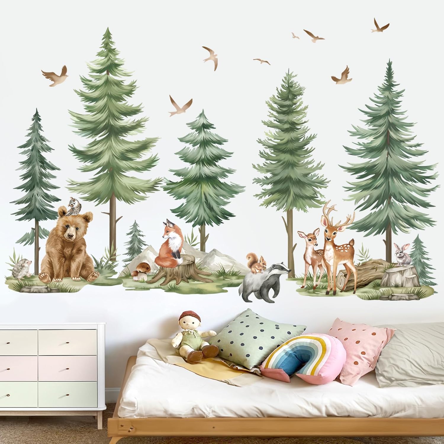 Mountain Tree Wall Stickers Large Pine Tree Forest Animals Bear Deer Peel and Stick Wall Art Decals
