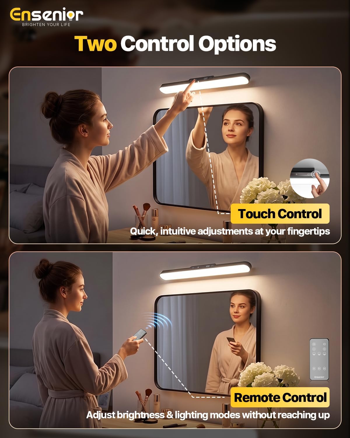 14" Rechargeable Vanity Light Bar, Mirror Lights with Remote Control,2 Pack | Stick-on, Dimmable, Eye-Friendly, 3
