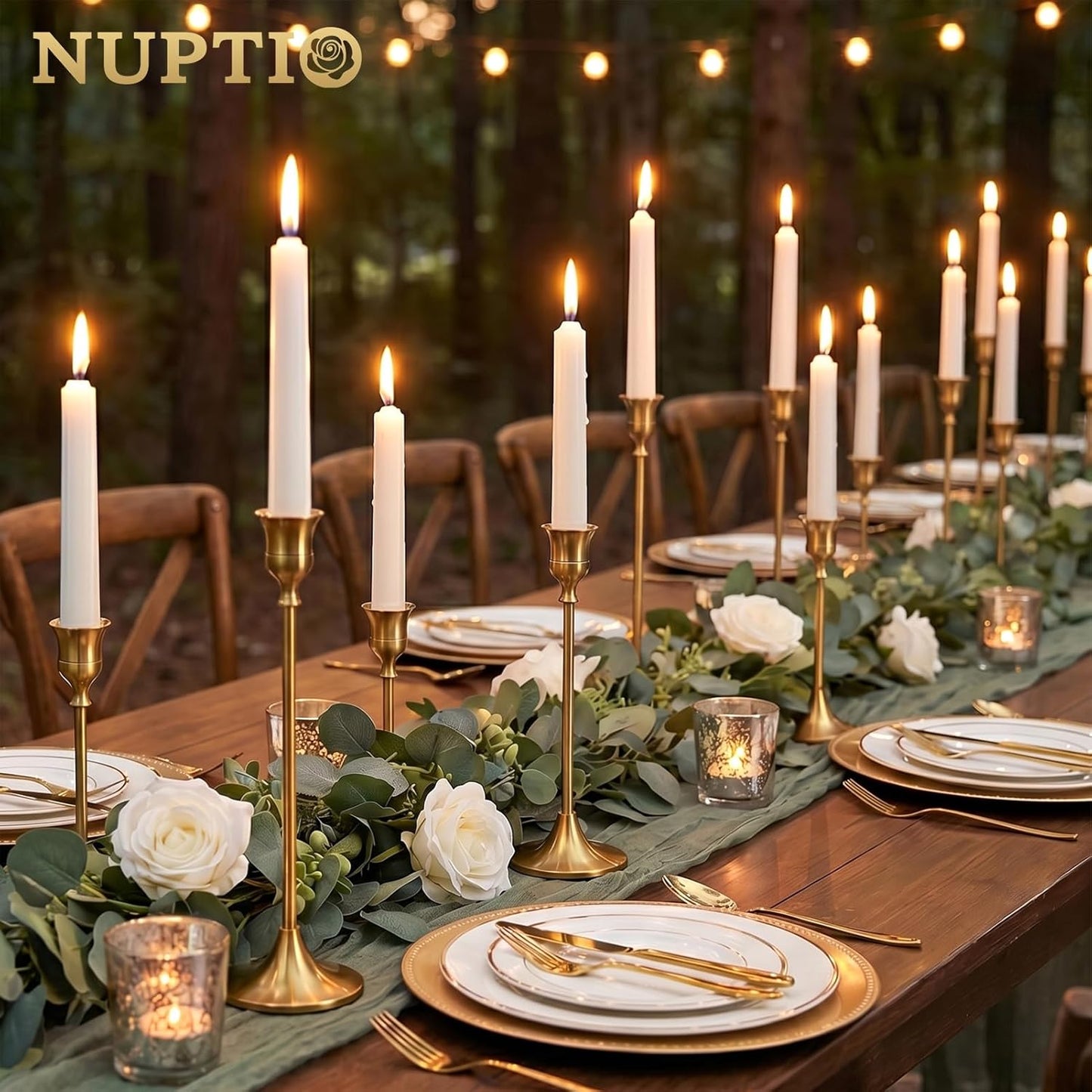 NUPTIO Gold Candlestick Holders for Table: Set of 15 Taper Candleholder | Bulk Aluminum Candle Stick Holder for Wedding