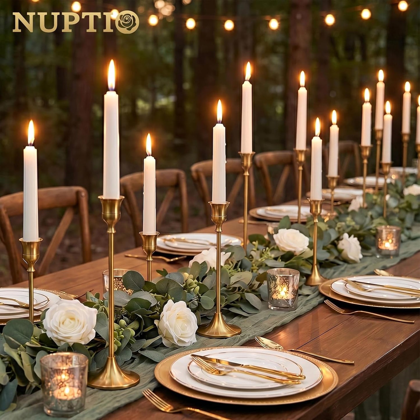 NUPTIO Gold Candlestick Holders Bulk: Solid Aluminum Set of 15 | Brass Candle Stick Holder - Taper Candles Stand for