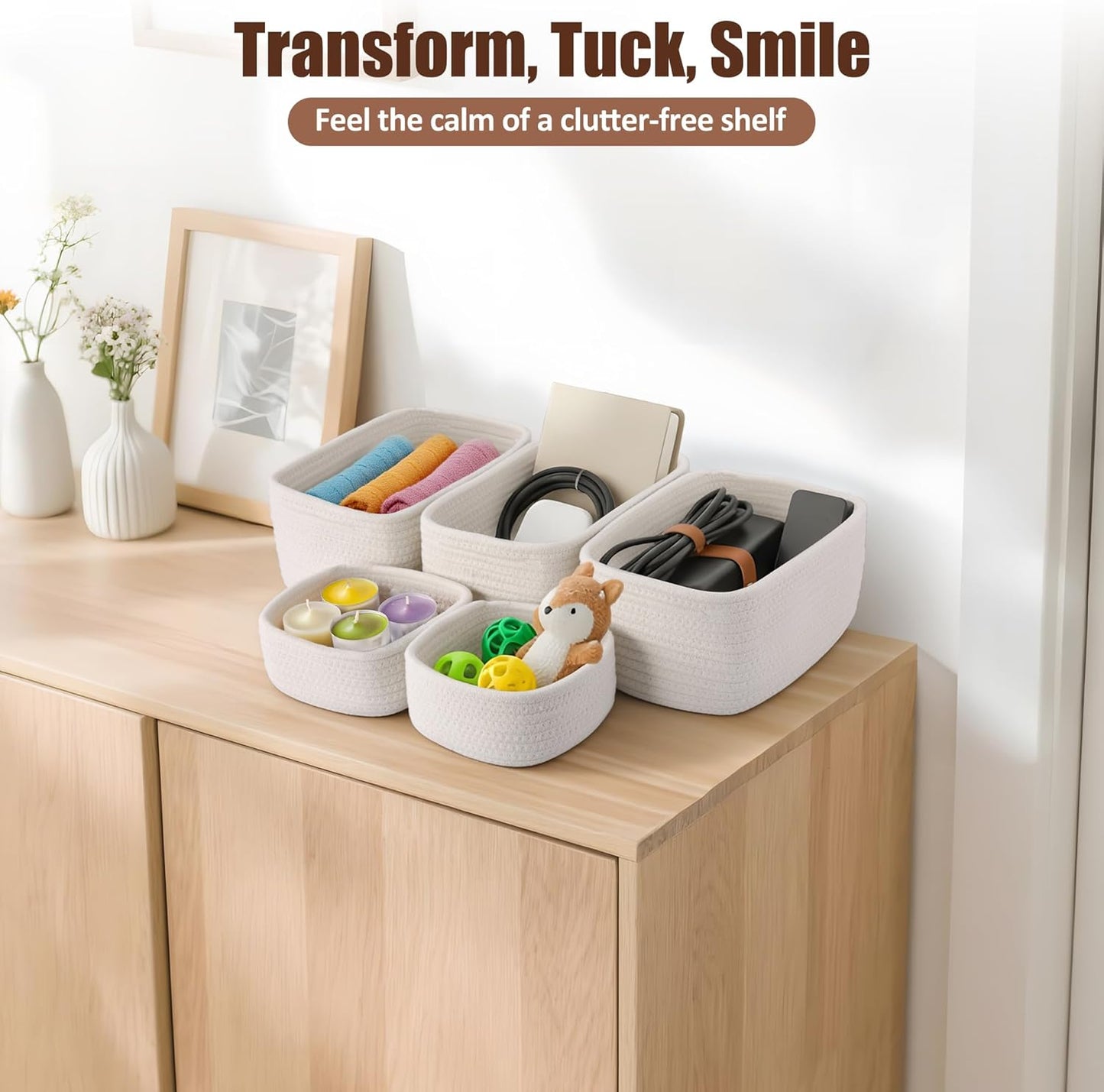 Small Woven Rope Storage Baskets / White / 11.81*7.48*4.72'' & 5.91*5.91*2.56 / Set of 5