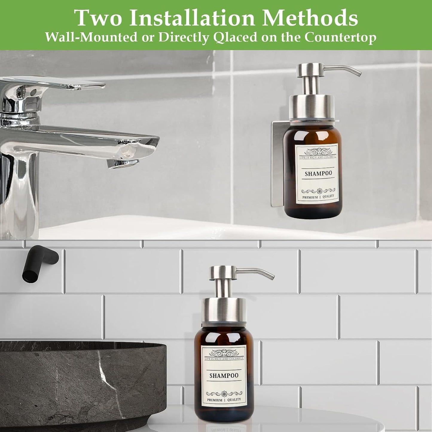 Wall Mount Soap & Shampoo Dispenser, 8.5oz Silver Pump Bottle | silver & brown design with leakproof pump and