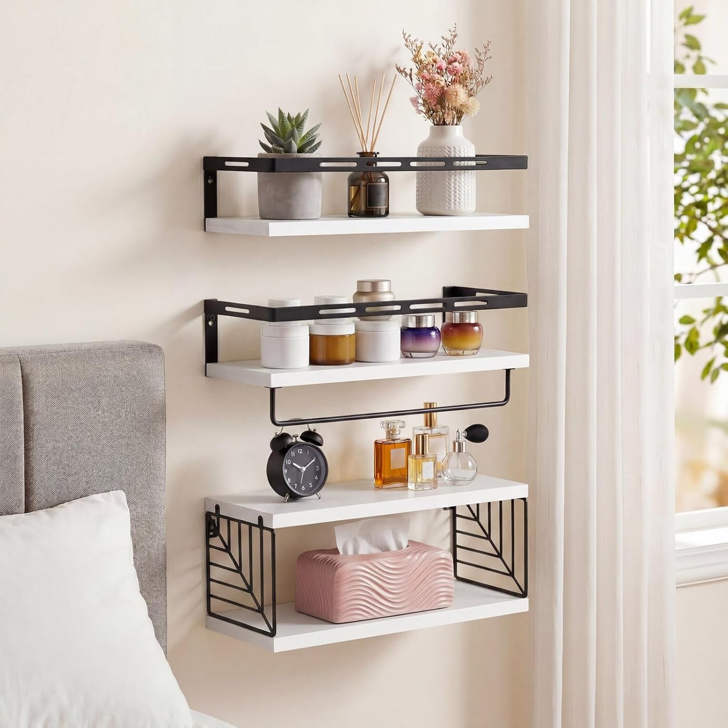 Fixwal Wall Mounted Bathroom Shelves Over Toilet (3+1 White) | Wall Shelf with Basket Storage , Towel Bar, Solid Wood