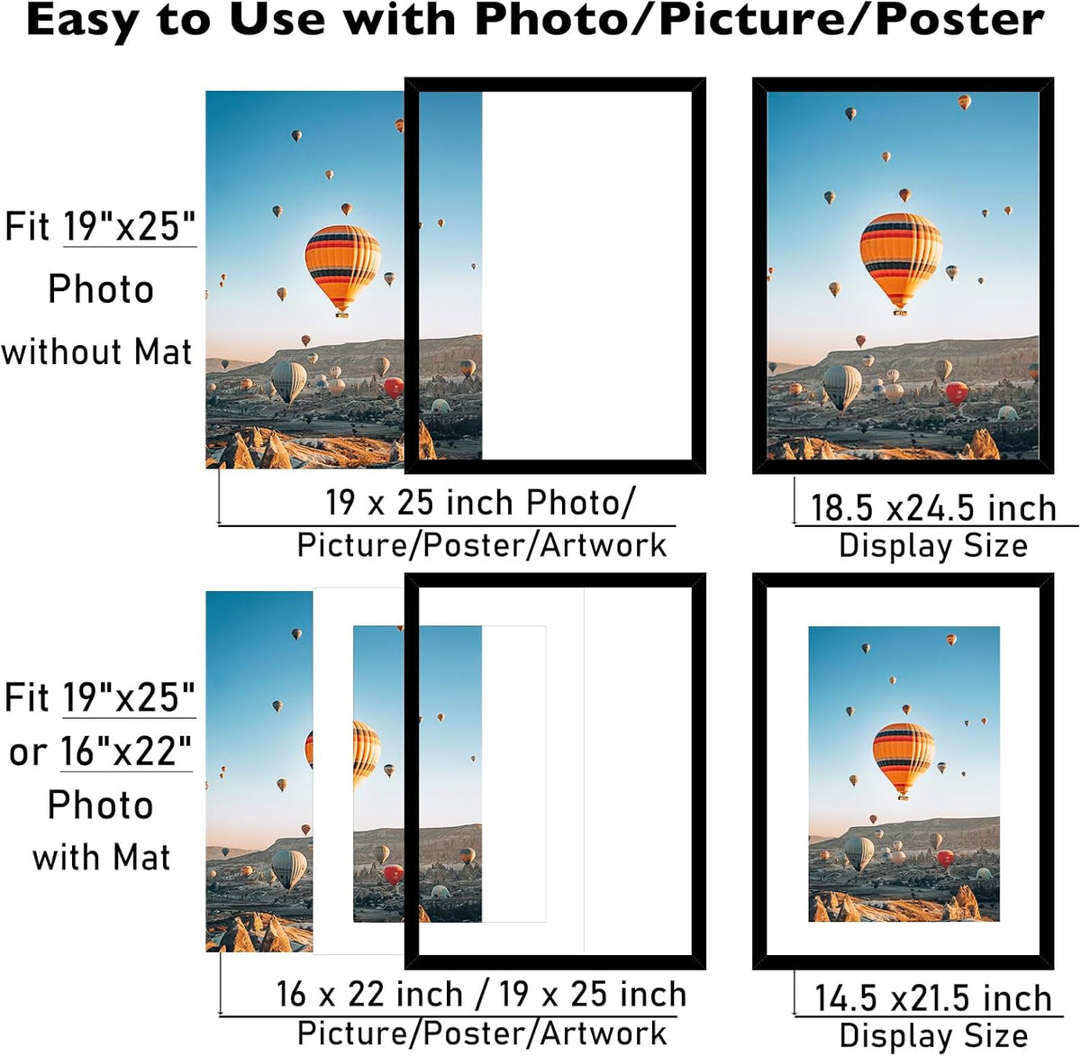 JCJMY 19x25 Picture Frame with 16x22 Mat Set of 4, Display Photo 16x22 with Mat or 19 x 25 Without Mat, Wall Hanging