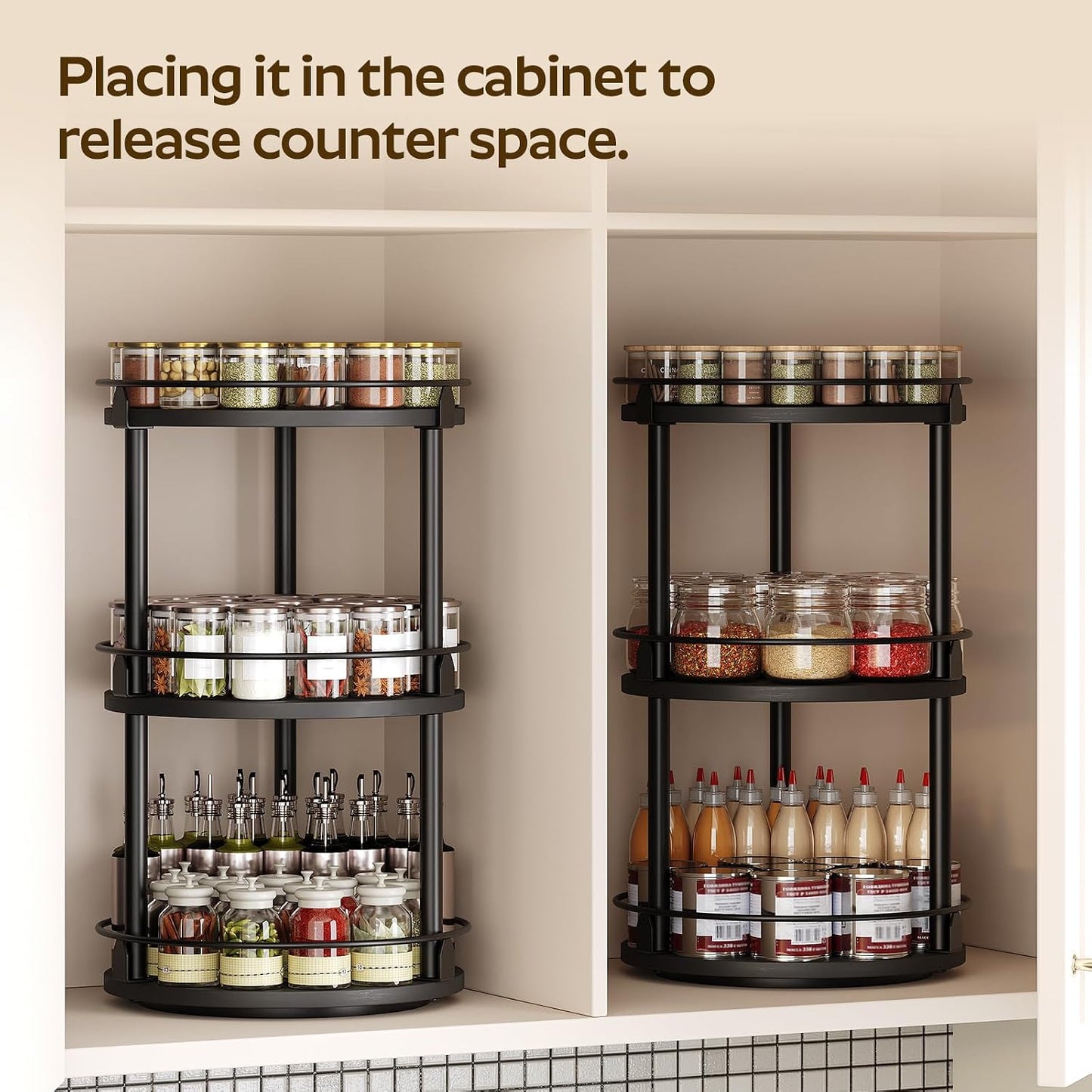 3-Tier Lazy Susan Organizer, Rotating Spice Rack, Spinning Organizer, Industrial Turntable Spice Rack Organizer for
