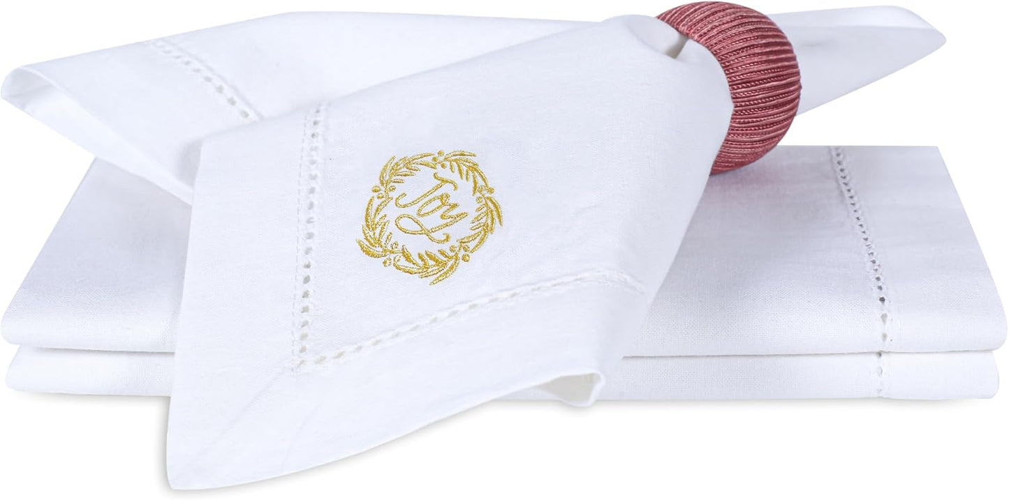 Bedding Craft Cotton Cloth Dinner Napkins, White & Gold, 18x18, 12-Pack | 100% cotton, gold embroidery, machine