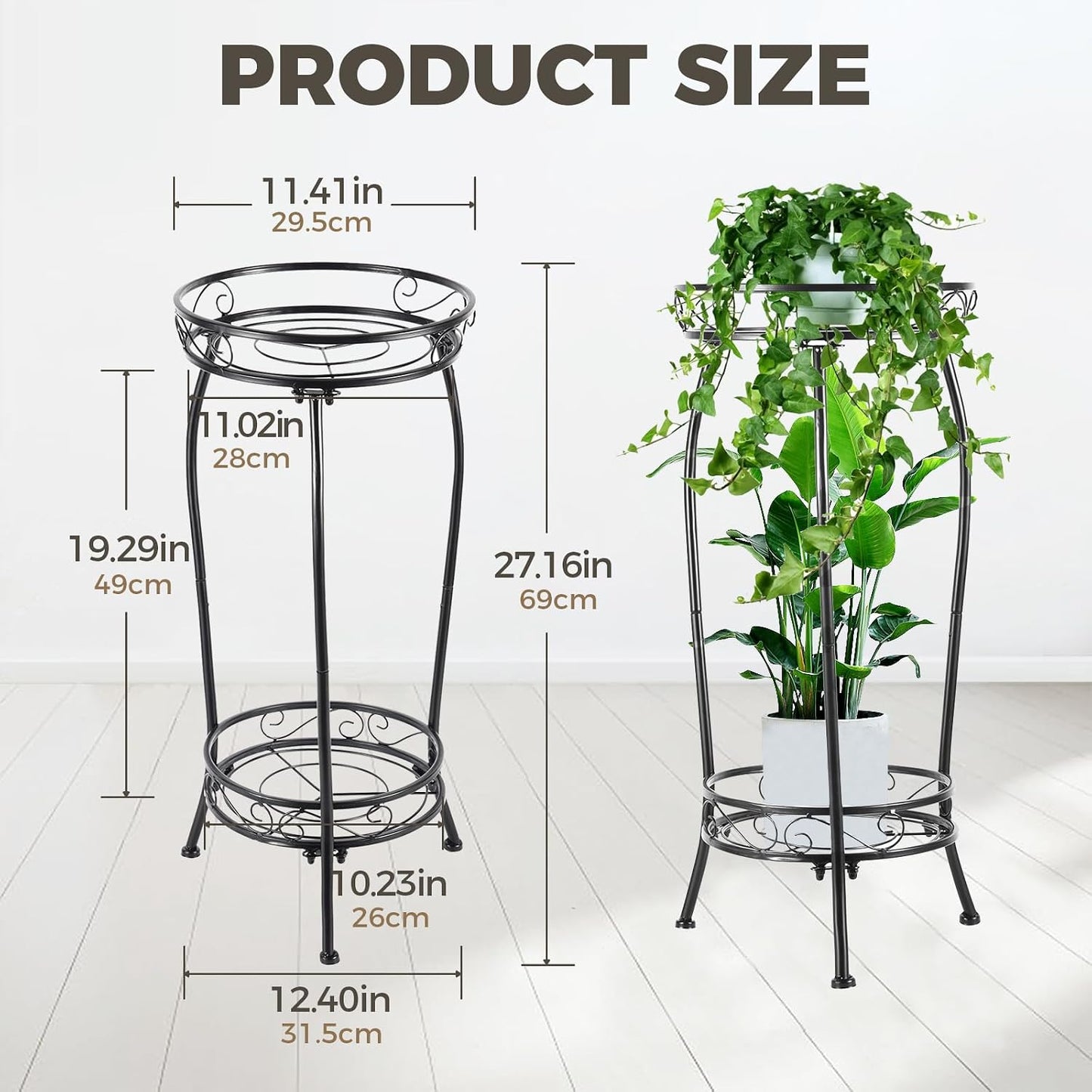 Kavlium Plant Stand Indoor Outdoor, Tall Black Metal, 2 Tier 27.1 Inch | Rustproof Metal, Stable 3-Leg Base, Heavy Duty