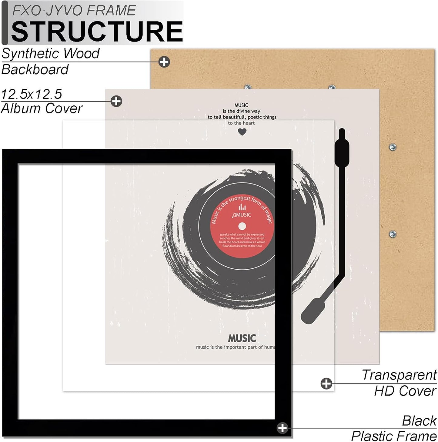 Vinyl Record Frame Display for 12 inch LP with 12.5x12.5 Album Cover | Black 12.5 x 12.5 Frame Light Weight with
