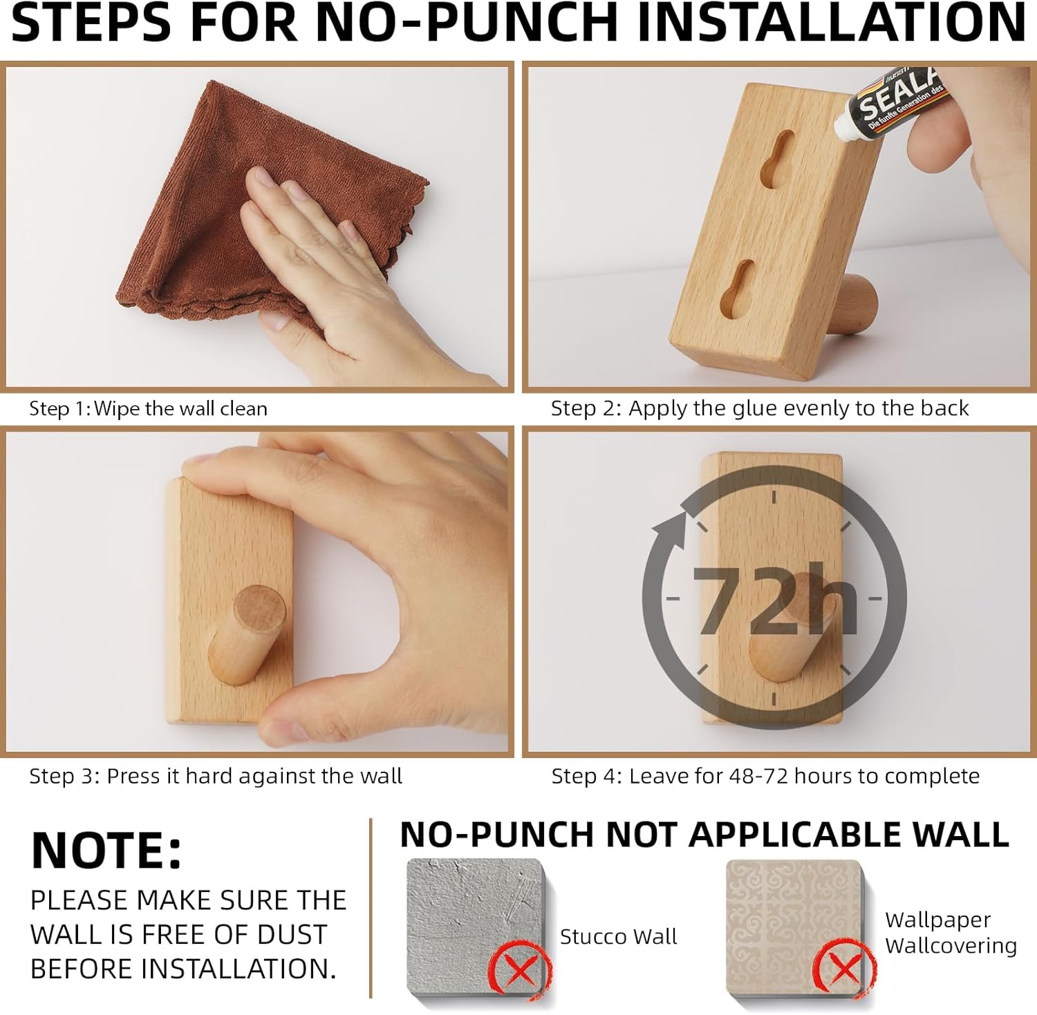 Wood Hooks Wall Wooden Space Saving No Damage Adhesive for Entryway Bedroom / Natural / Set of 4