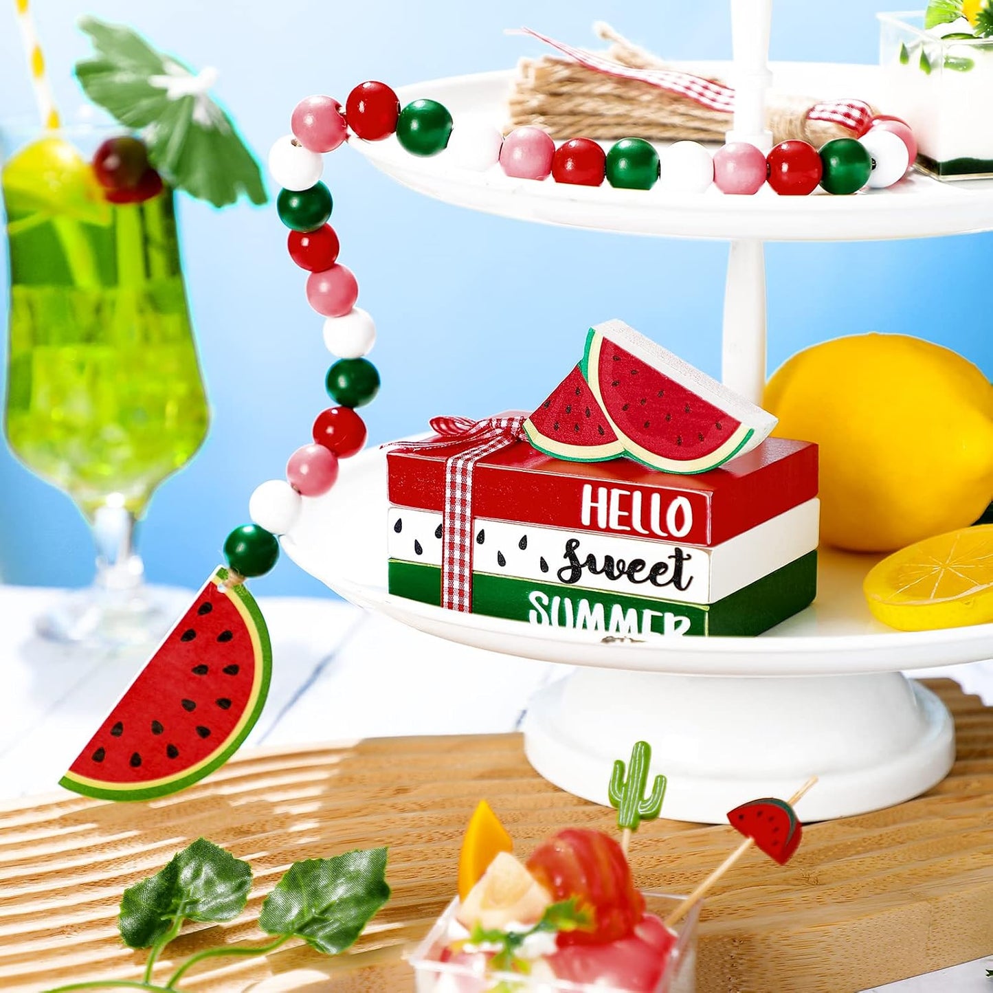 Watermelon Tiered Tray Decor Rustic Farmhouse Summer Wooden Bead Garland / Set of 6
