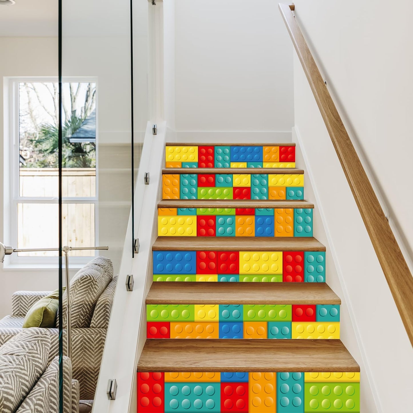 Self adhesive peel and stick stair decals / Building Blocks / 39.37 x 7.08 x 6 / In x / Set of 6