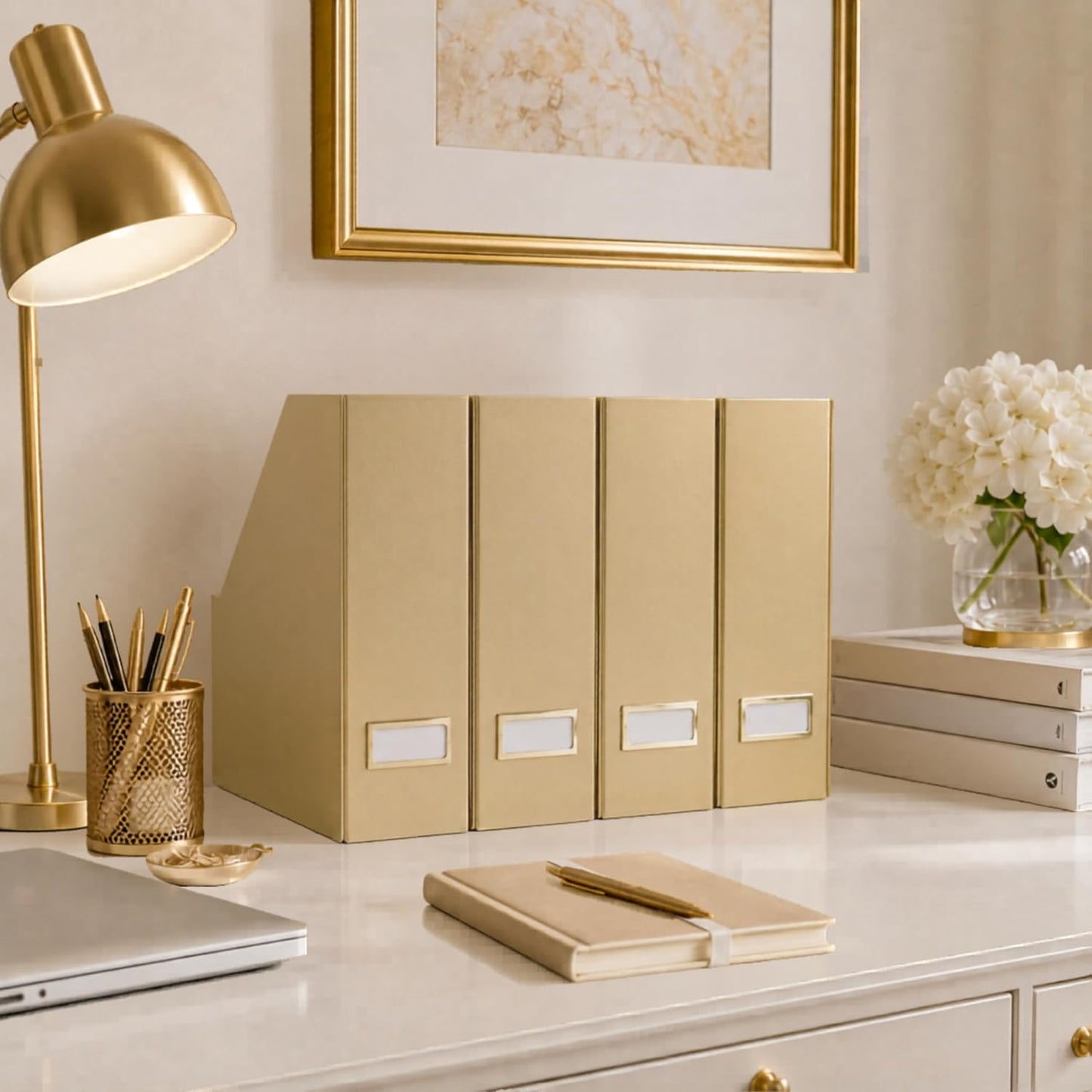 BLU MONACO | Gold Cardboard Magazine File Holder Set of 4 | Vertical Magazine File Holder for Shelves | Standing File