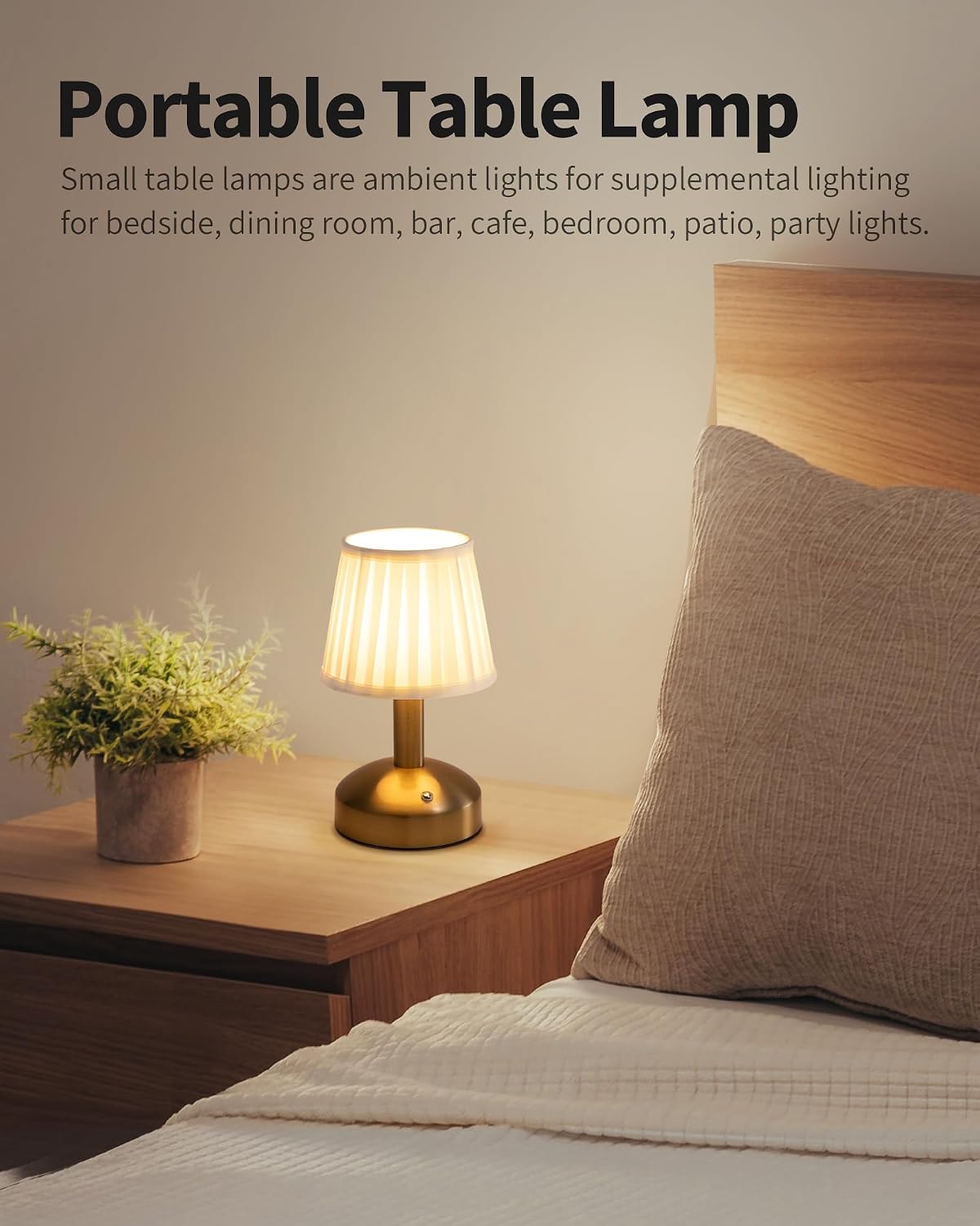 KDG Gold Cordless Small Table Lamp, Portable LED Fabric Shade Desk Lamp | Modern 4000mAh Rechargeable Battery Operated