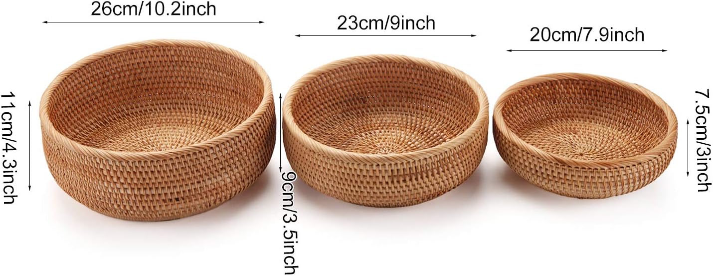 Rattan Fruit Baskets Woven Storage Bowls Key Holder Stackable / Round / Natural / Set of 3