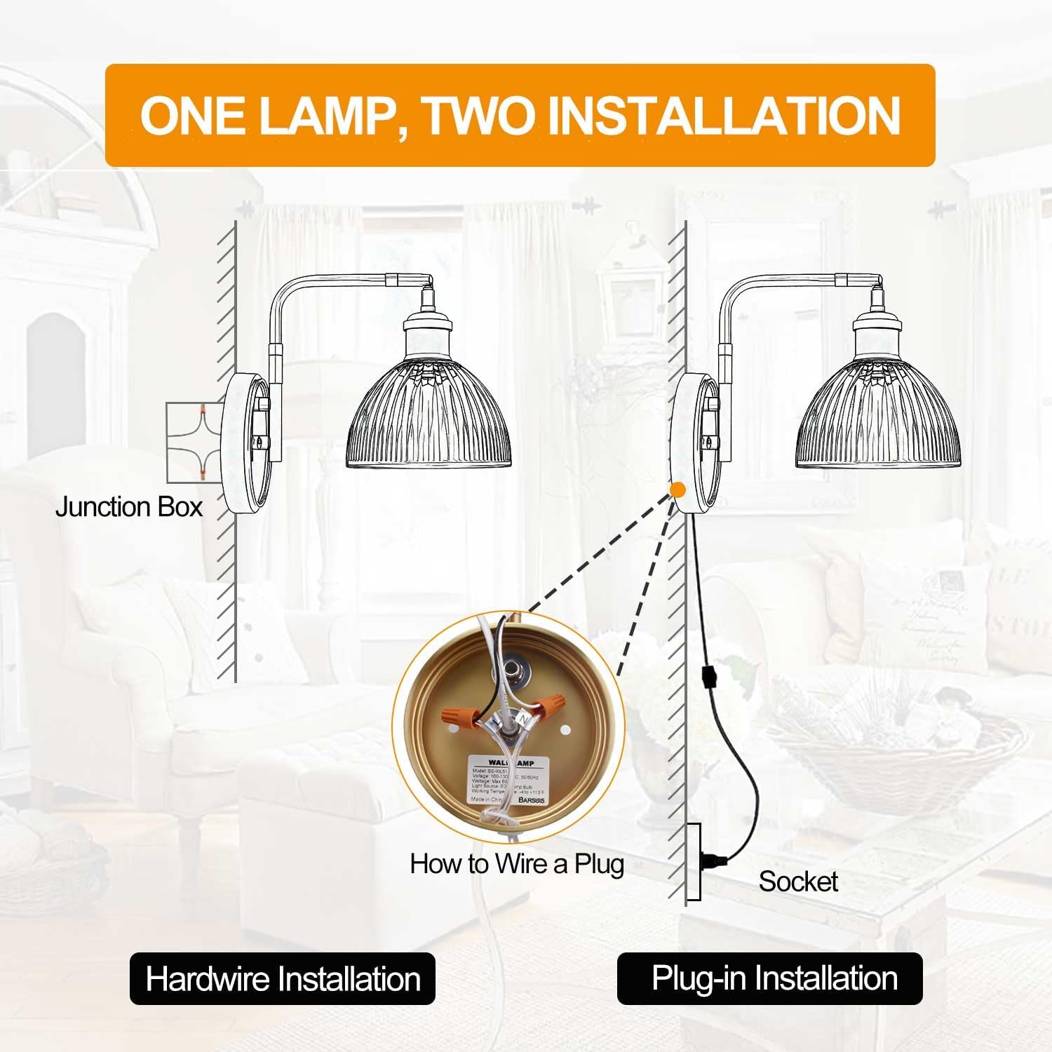 Swing Arm Wall Sconce, Plug in or Hardwired Gold Wall Lamp with Blue Stripe Ribbed Glass Shade, Modern Remote Dimmable