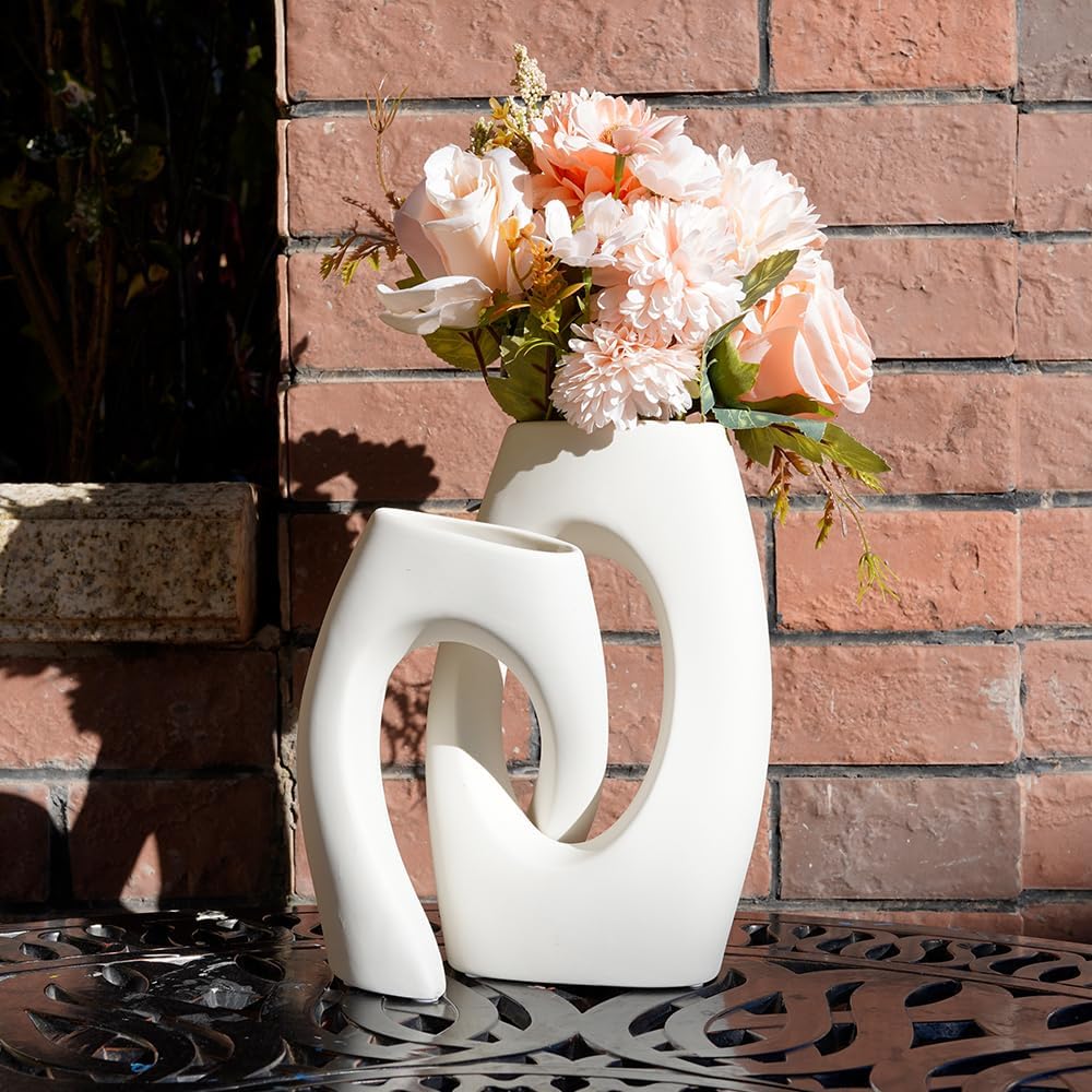 White Ceramic Vase / Champagne-colored Flowers and White Vase / Set of 2