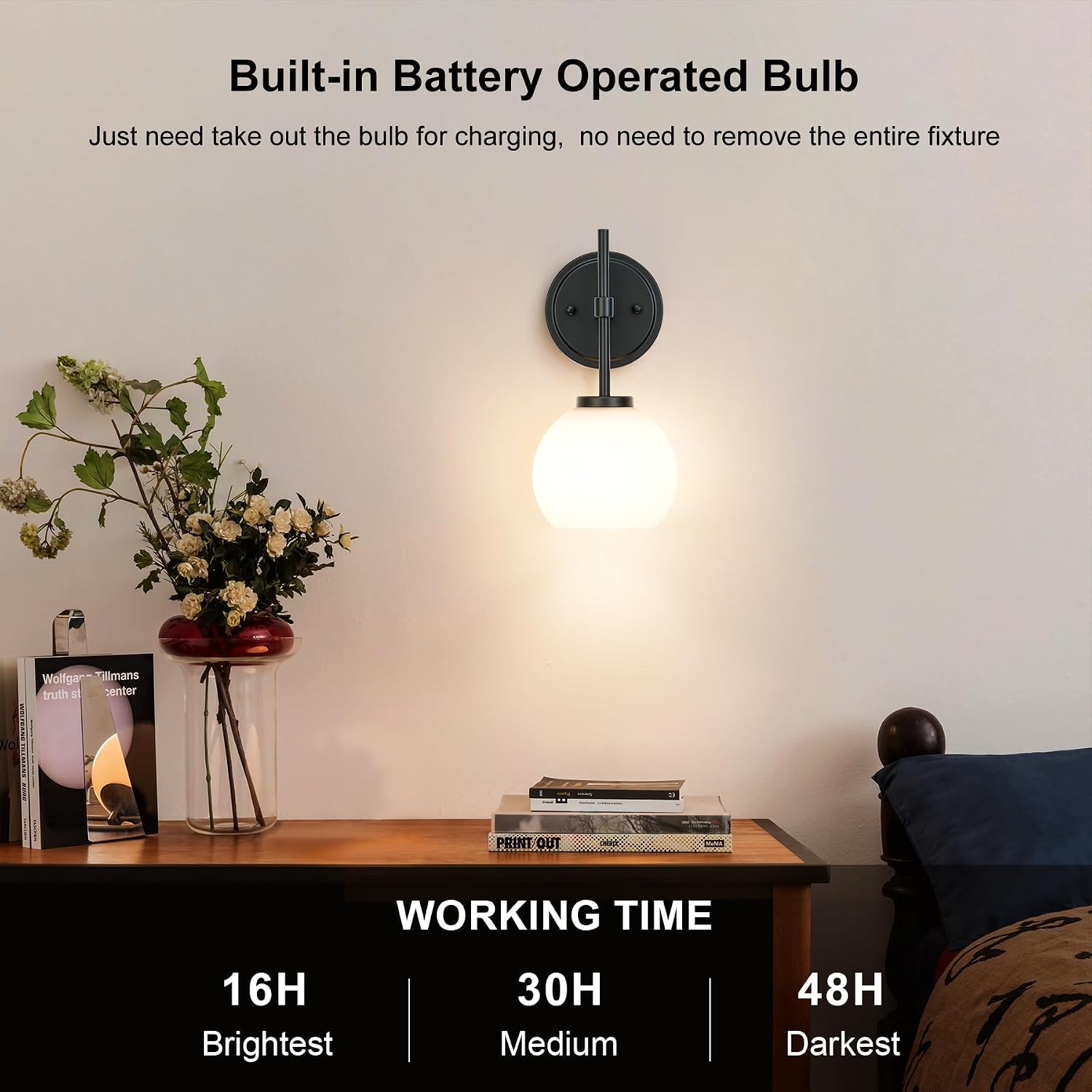 Black Wireless Rechargeable Wall Sconces with Remote Control, Battery Operated Wall Sconce Set of 2, LED Dimmable Wall