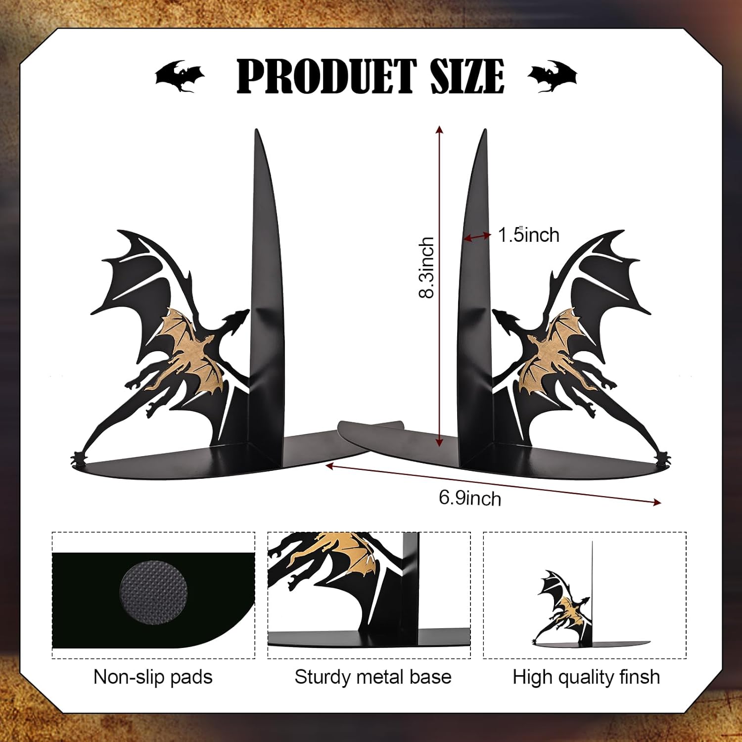 Metal Dragon Bookends Stoppers Holder Stand for Desk Shelf Cool Dragon Bookends Decorative / Gold