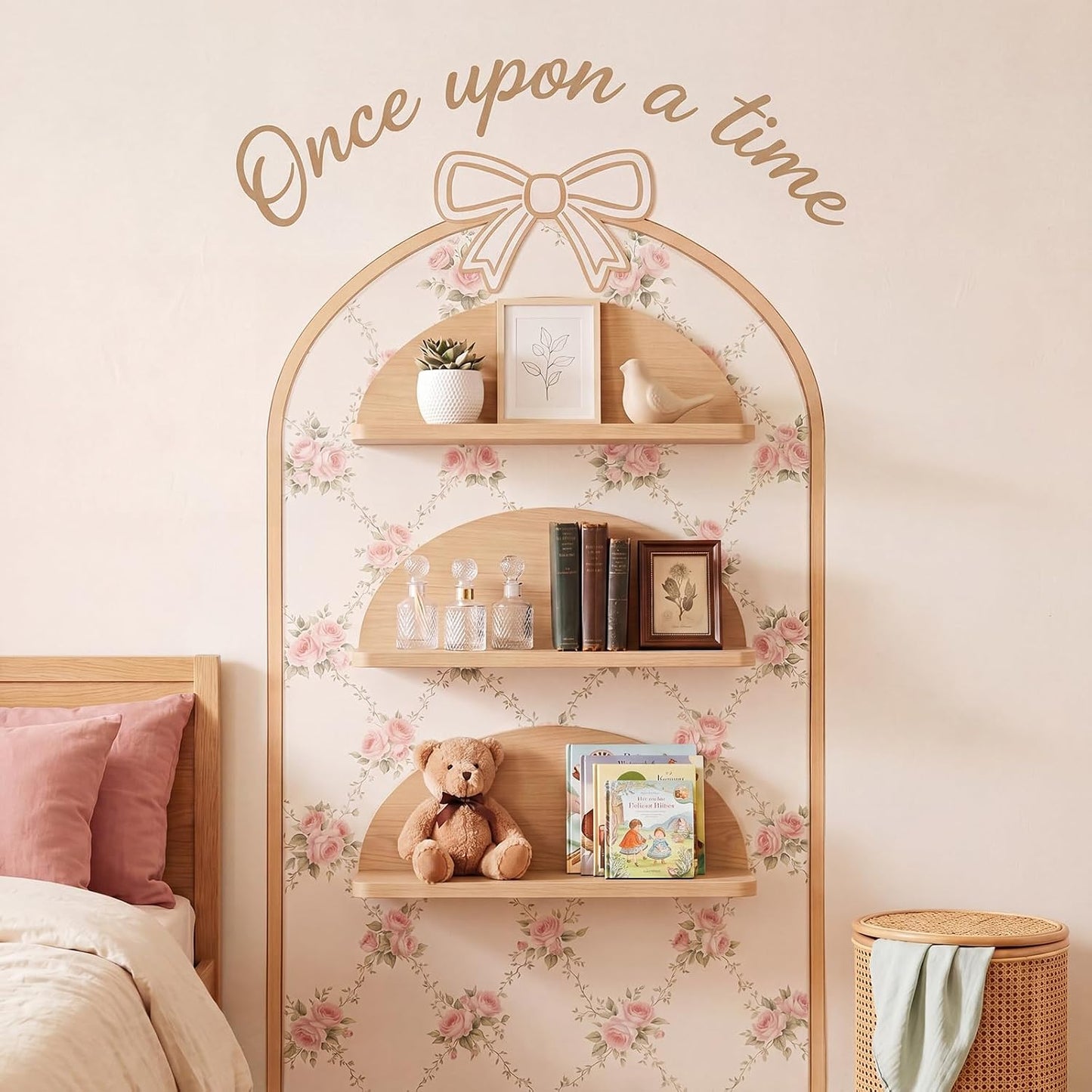 Flower Arch Wall Decals Bow Floral Stickers Nursery Wallpaper Once Upon a Time Sign / Pink / 60 x 35