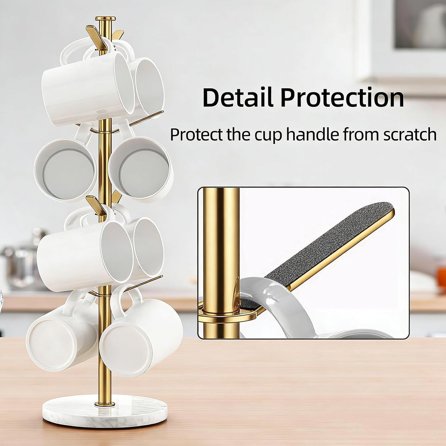 Gypie Gold Mug Holder Tree with Marble Base, 8 Hooks Standard Coffee Cups | Mug Holder Stand, Small Mug Rack for