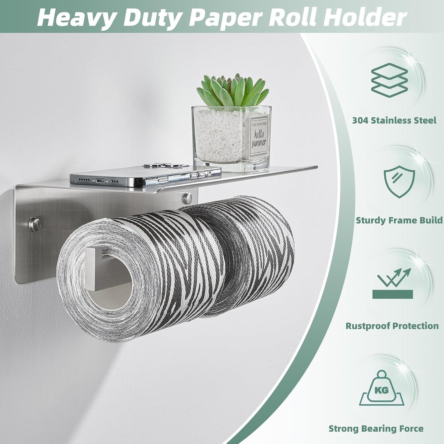 APLusee Dual Roll Toilet Paper Holder, Brushed Nickel, 304 Stainless Steel | Multiuse Top Shelf, Air Freshener & Tissue
