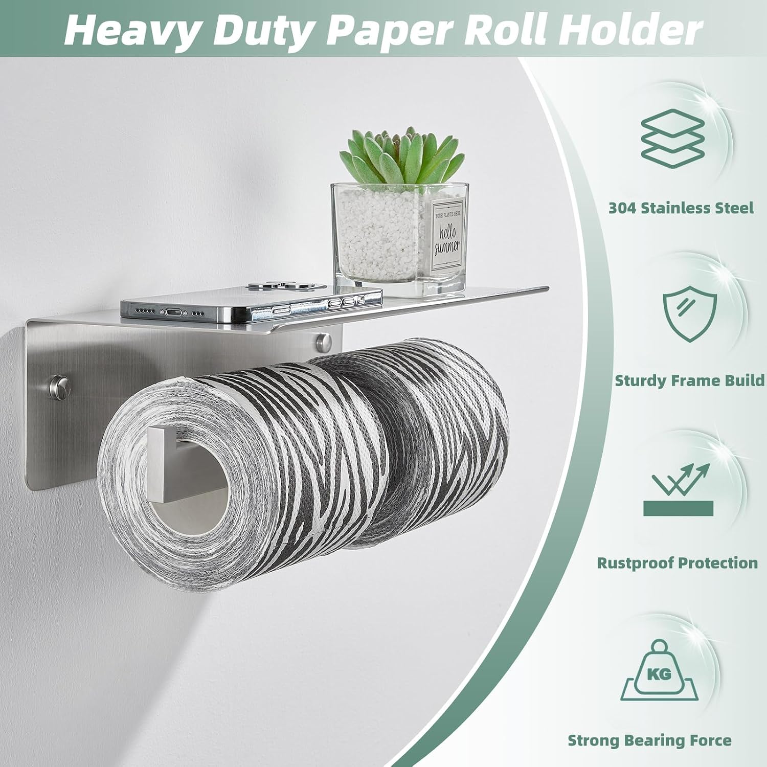 APLusee Dual Roll Toilet Paper Holder, Brushed Nickel, 304 Stainless Steel | Multiuse Top Shelf, Air Freshener & Tissue