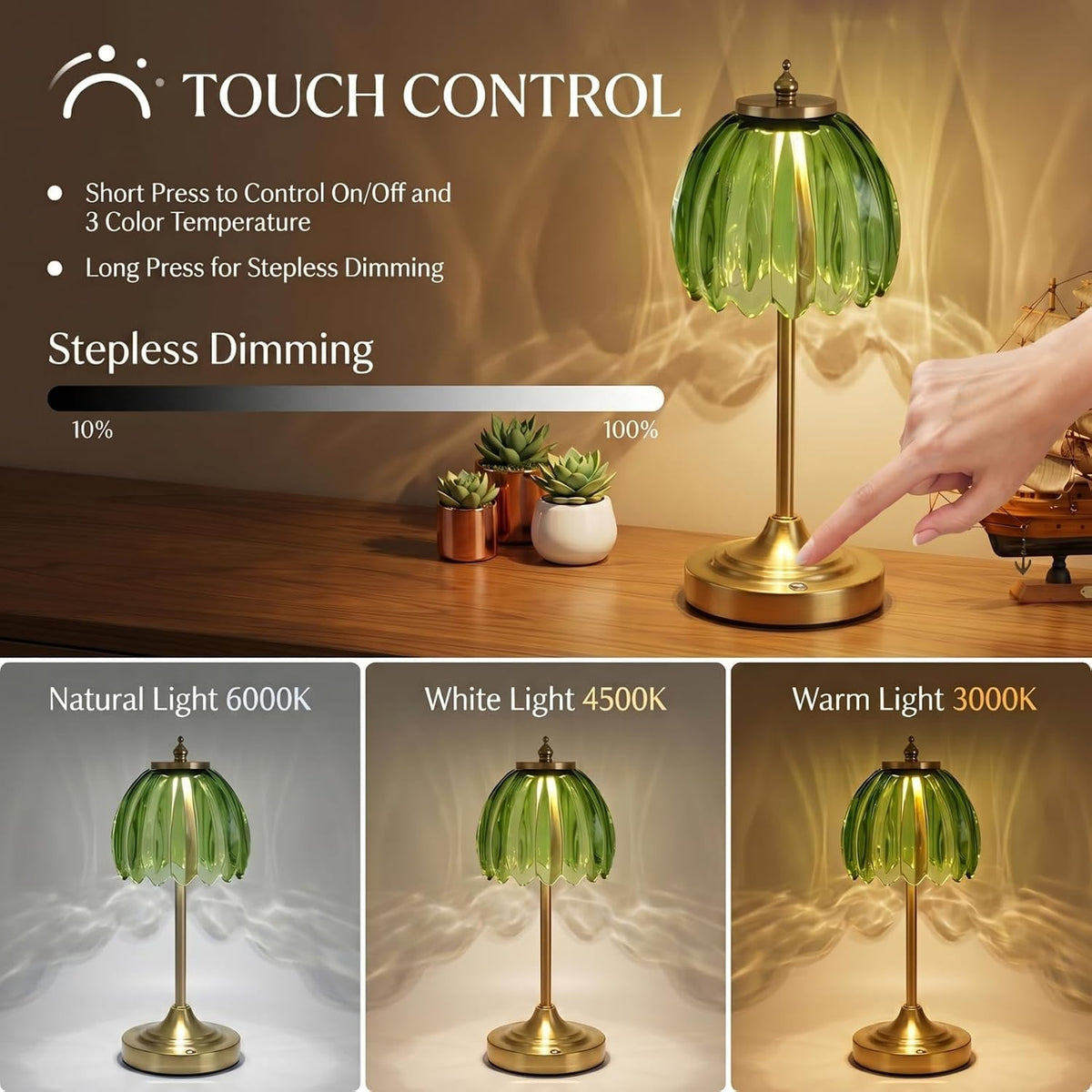 EJQ Glass Tulip Rechargeable Table Lamp, Cordless Flower Table Light -Green | Handcrafted green glass shade; aluminum