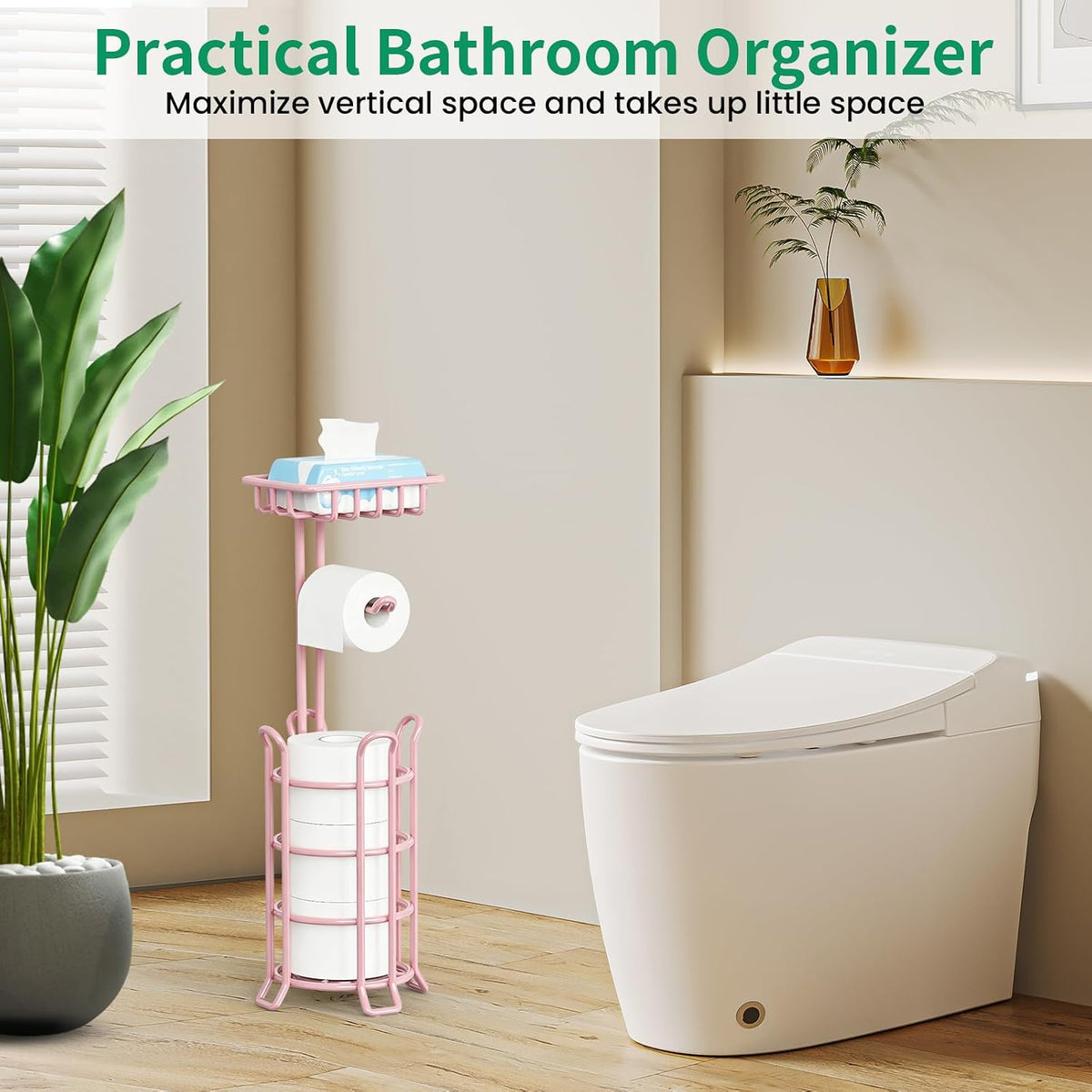 TomCare Toilet Paper Holder Free Standing with Shelf, Stable 4 Raised Feet | Stores 4 Mega Rolls, Tool-Free Assembly