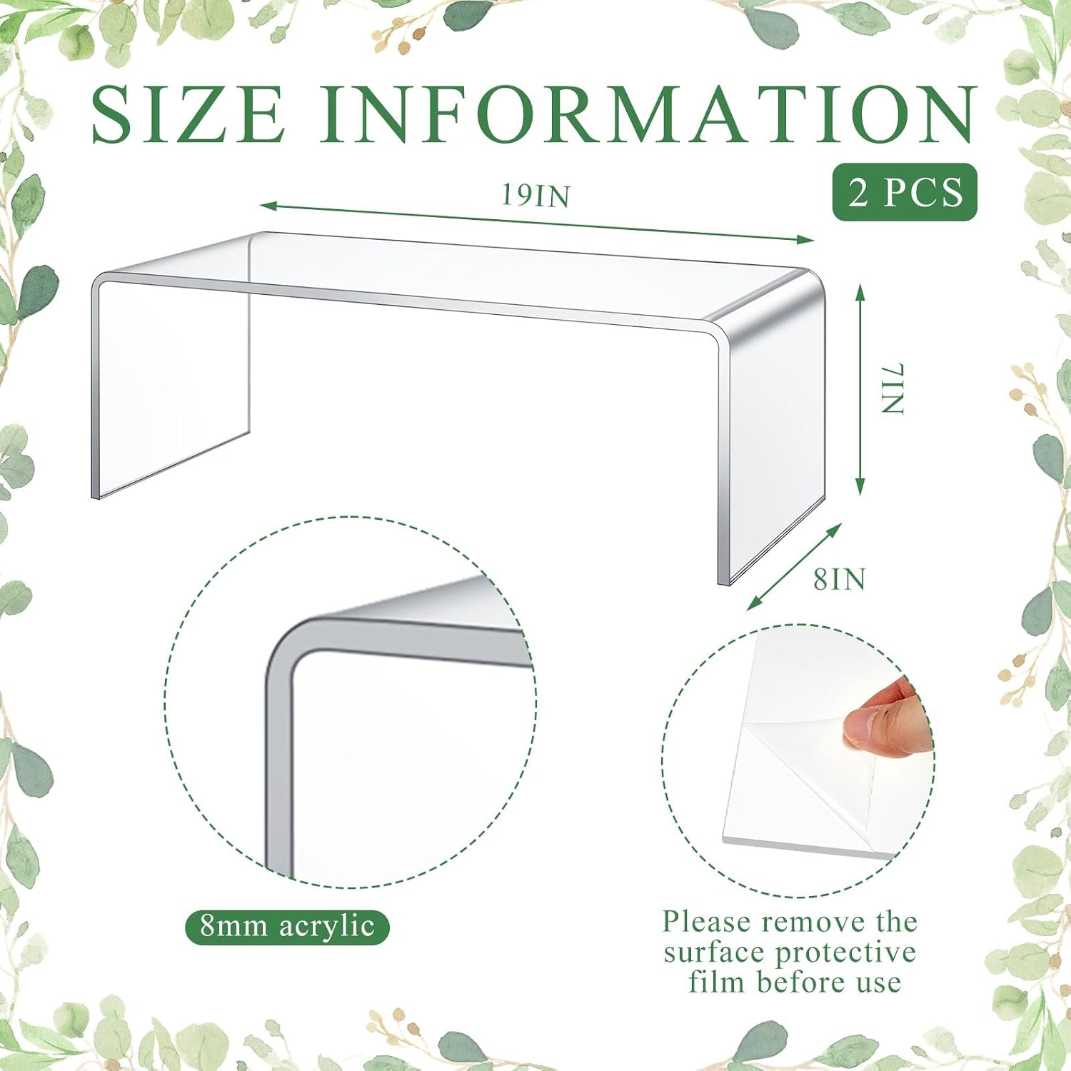 RattanView 2 Pcs 19 x 8 x 7 Inch Large Acrylic Riser Display Stands, 8 mm Extra Thick Heavy Duty Acrylic Shelf Riser