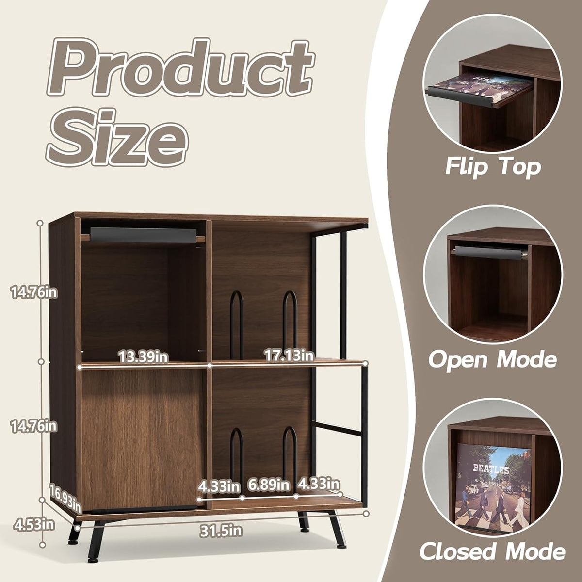 Faesun 3 Tier Record Player Stand with Flip-Down Record Shelf, Walnut | Vinyl Record Storage Holds up to 300+ Albums