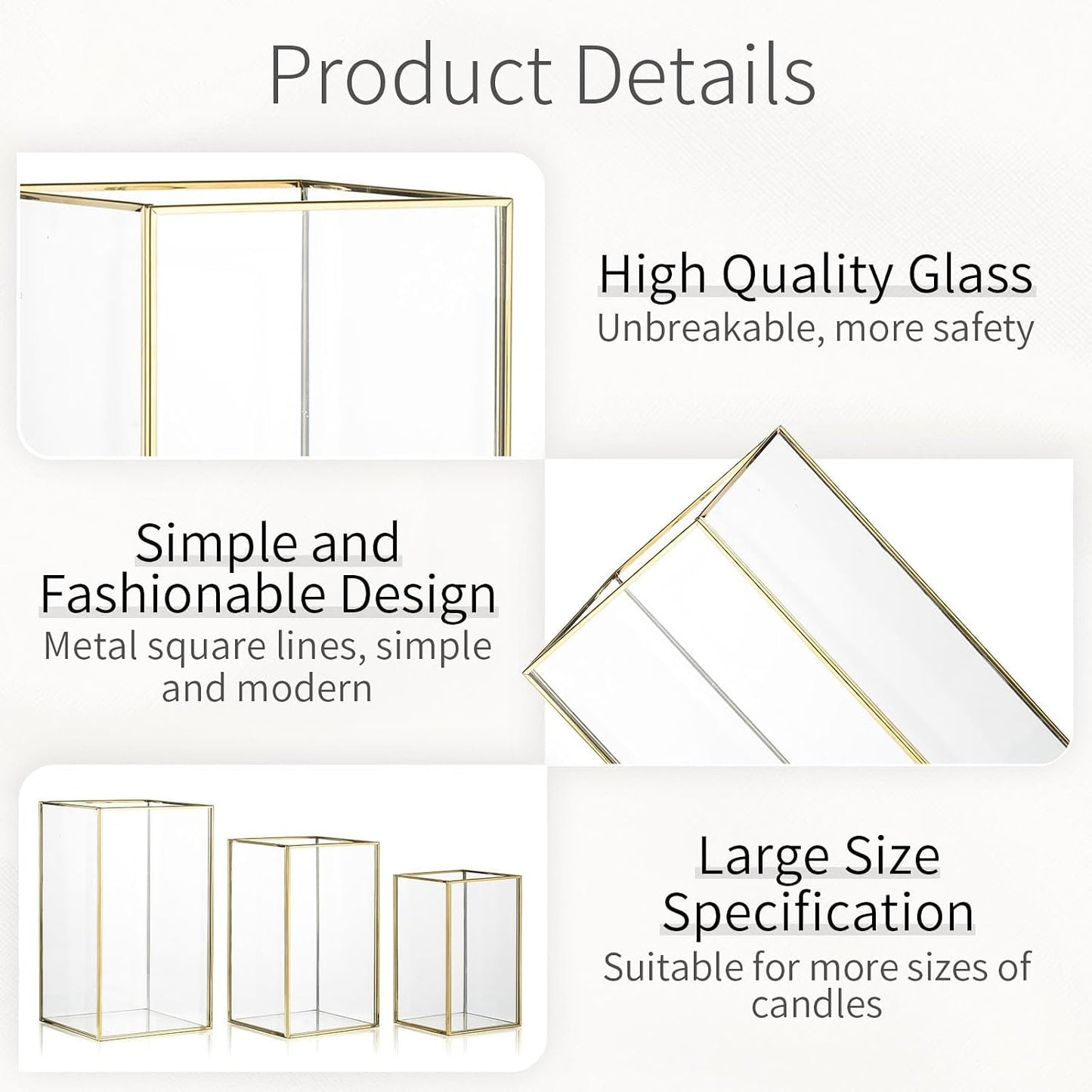 Hurricane Glass Candle Holder: Large Gold Lanterns Set of 3 | Geometric Design, 6.5/8.1/9.5 In Decorative Lanterns for