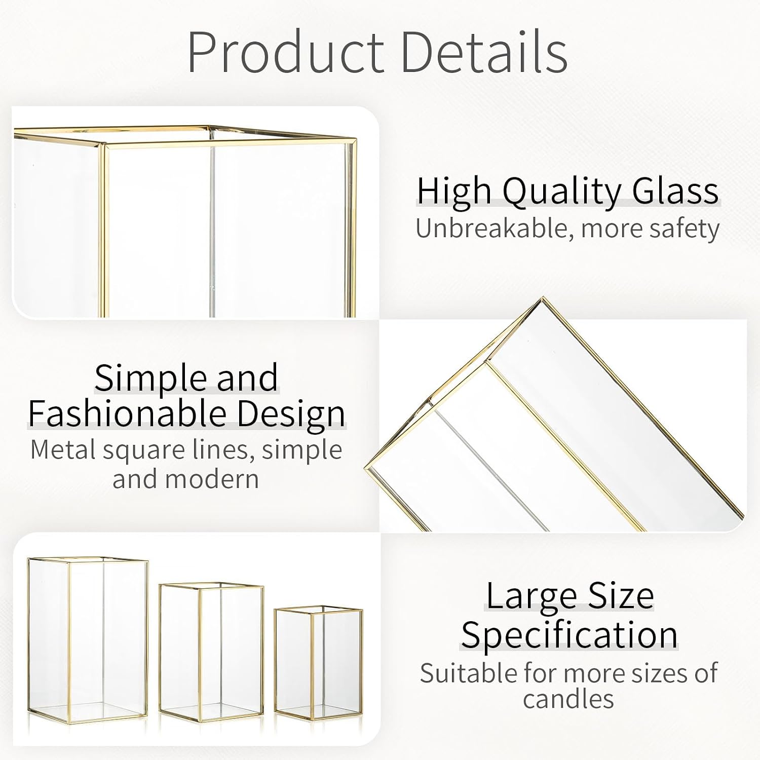 Hurricane Glass Candle Holder: Large Gold Lanterns Set of 3 | Geometric Design, 6.5/8.1/9.5 In Decorative Lanterns for