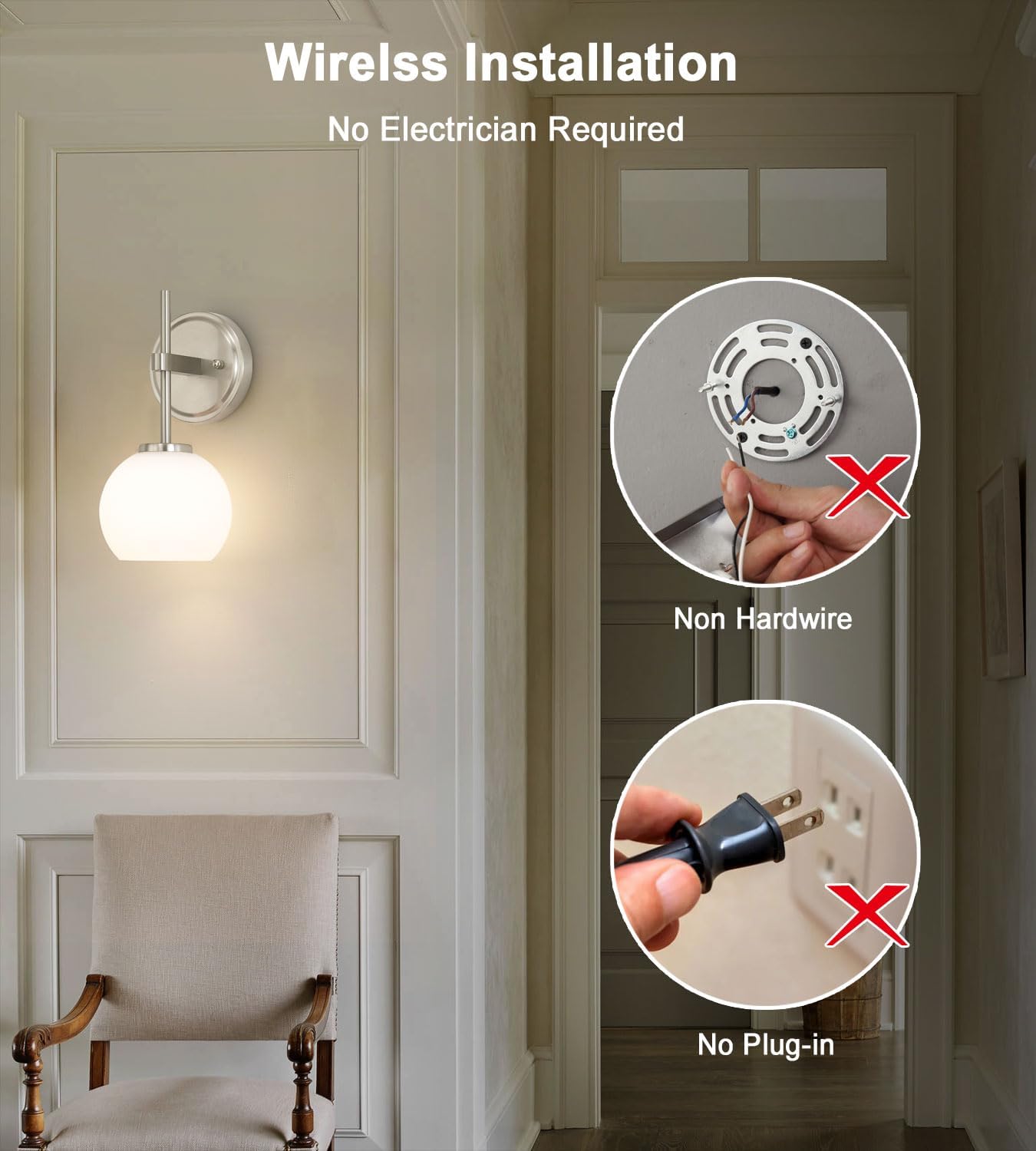 Brushed Nickel Battery Operated Wall Sconce Set of 2, Wireless Rechargeable Sconces Wall Lighting with Remote Control