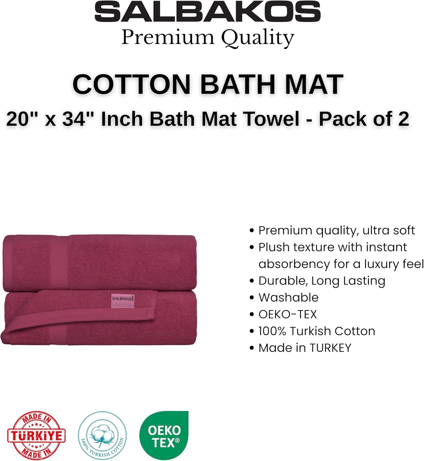 SALBAKOS 2-Piece 100% Turkish Cotton Bath Mat Towel, 20x34 inch, Wine | Bathroom Floor Towels, Thick Soft Most