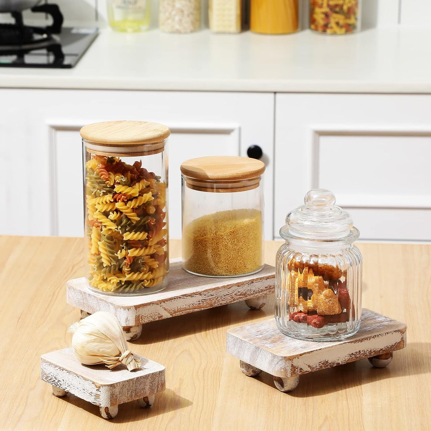 Wooden Risers for Display Pedestal Stand Wooden for Decor Farmhouse / White / 8 x 4.3 / Set of 3