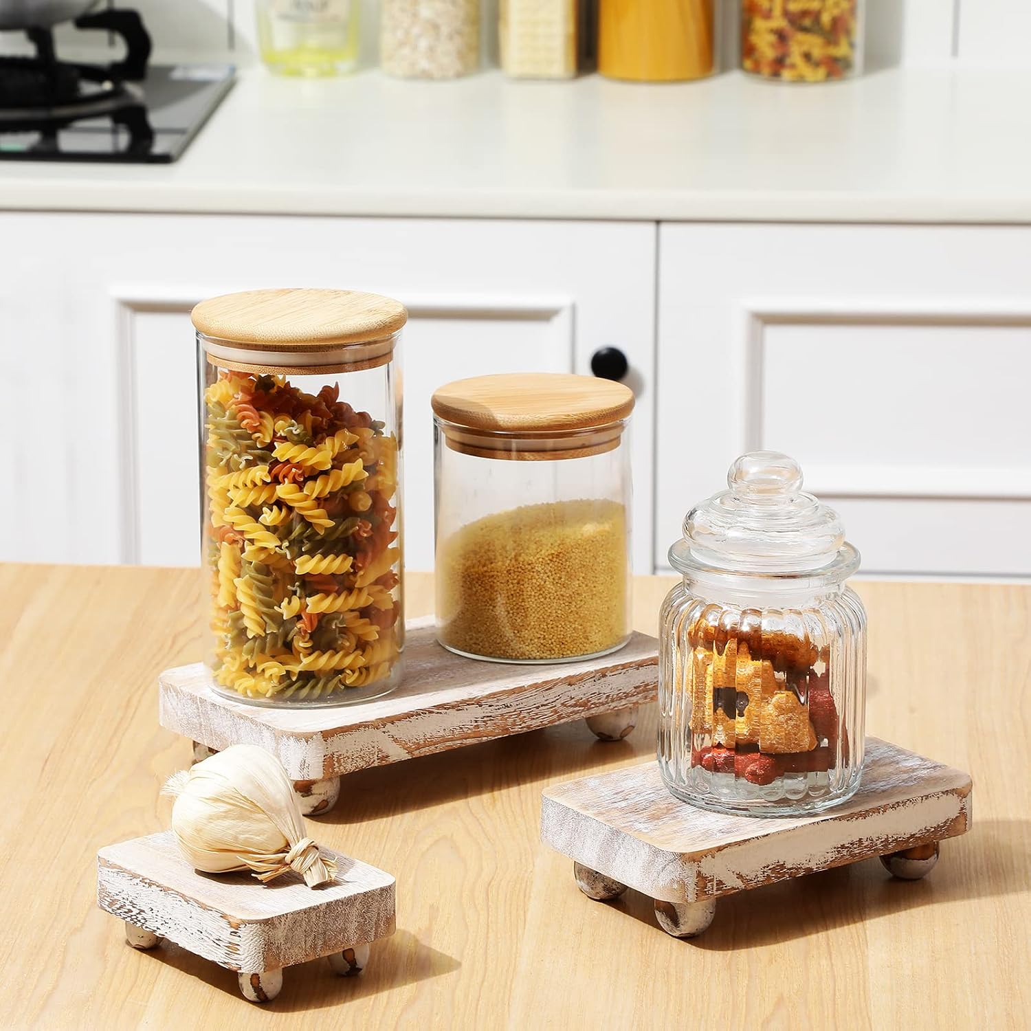 Wooden Risers for Display Pedestal Stand Wooden for Decor Farmhouse / White / 8 x 4.3 / Set of 3