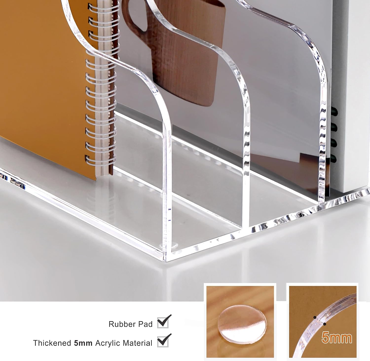 SANRUI Acrylic Desk Organizers, Clear Magazine File Holder, 5 Vertical Compartments A4 Folder Binder Holders Sorter